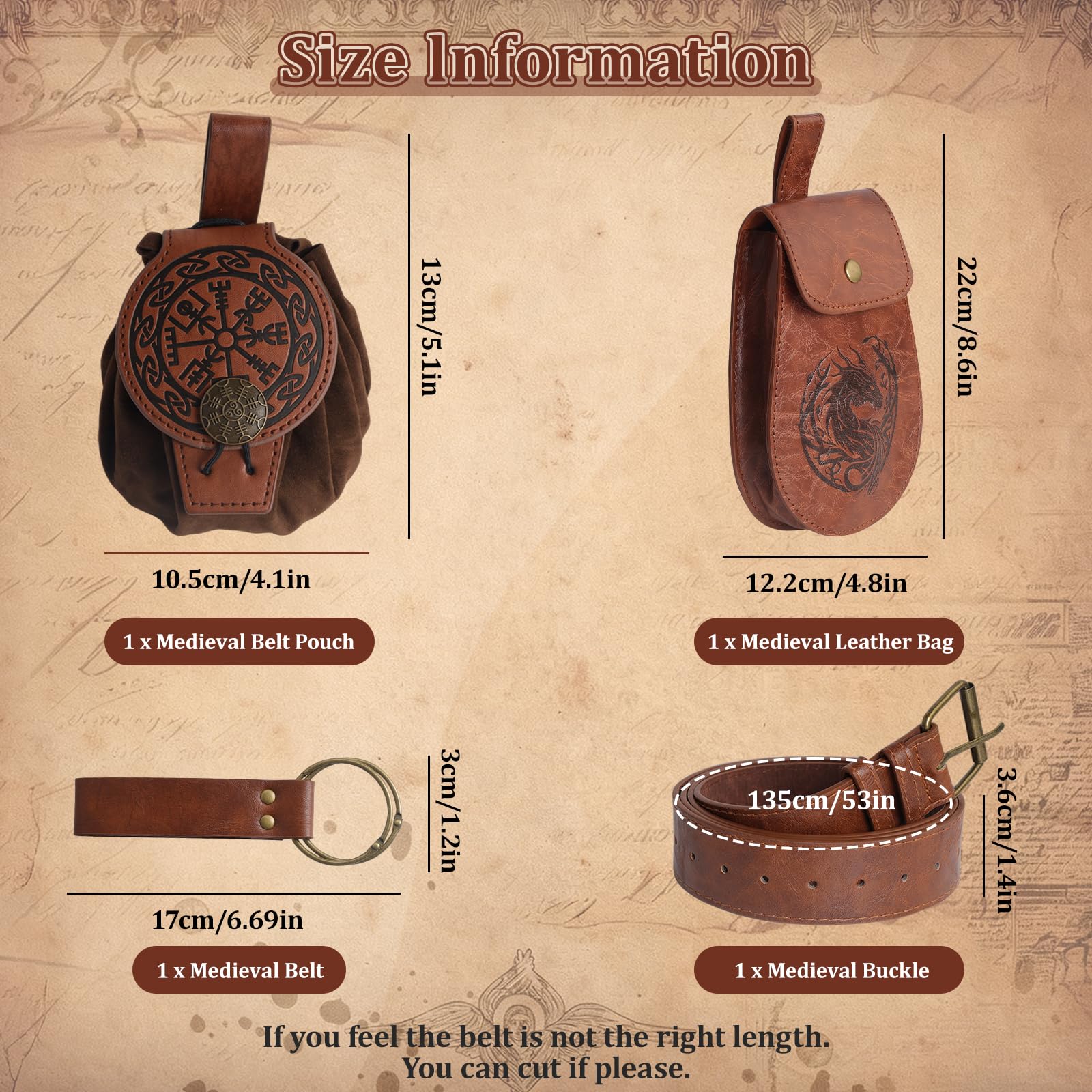 Ceinture Médiévale avec Sac Viking Ceinture, 4 Pièces Ceinture Médiévale Costume Accessoires, Viking Belt pour Fête Elfe Sorcière Cosplay Renaissance Halloween