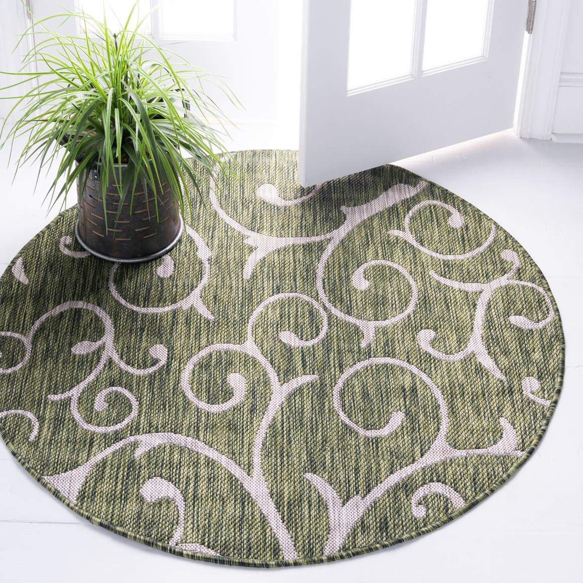 Unique Loom Outdoor Botanical Collection Area Rug - Curl (4' 1" Round, Green/ Ivory)