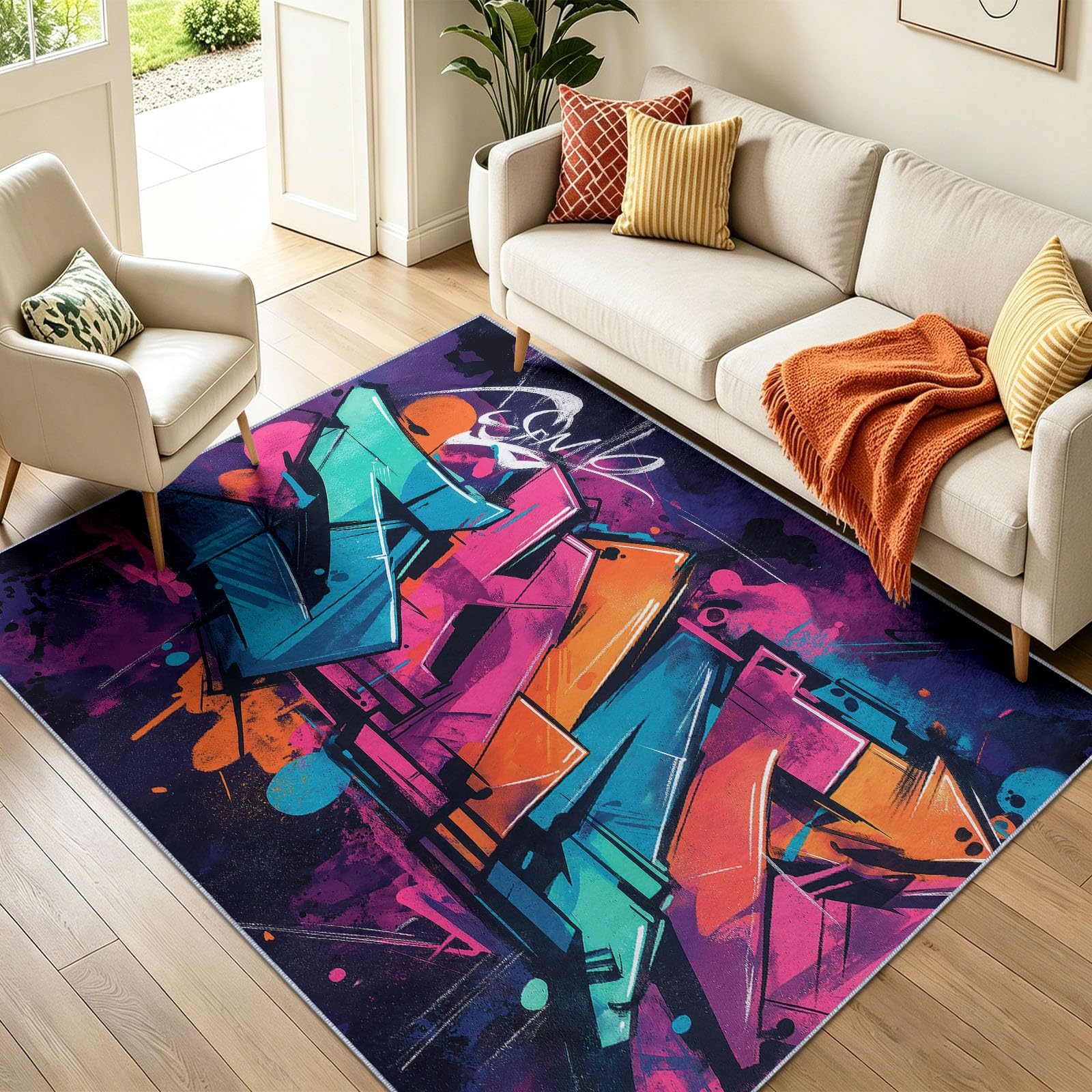 Tapis D'Appoint Abstrait Graffiti Lettres Lignes 120 x 180 cm, Doux Lavables Antidérapant Enfants Adultes, Violet Cool Tendance Tapis pour Salon Chambre Jeux