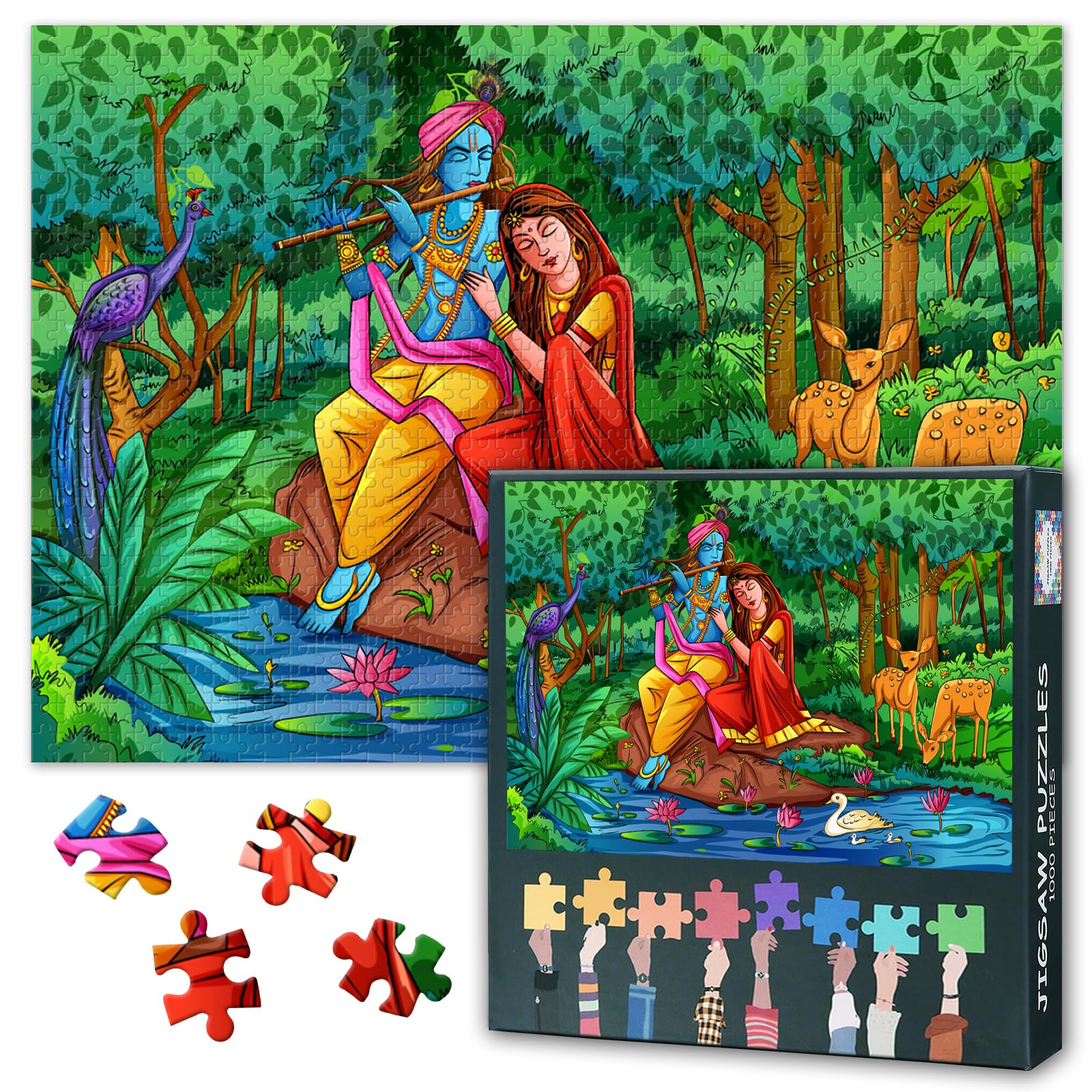1000 Pieces Puzzles for Adults Jigsaw Puzzle Educational Games - 50x70 cm Lord Krishna and Radha Ganesha Hindu God Artwork Happy Janmashtami Holiday Hard Difficult Challenging Puzzle