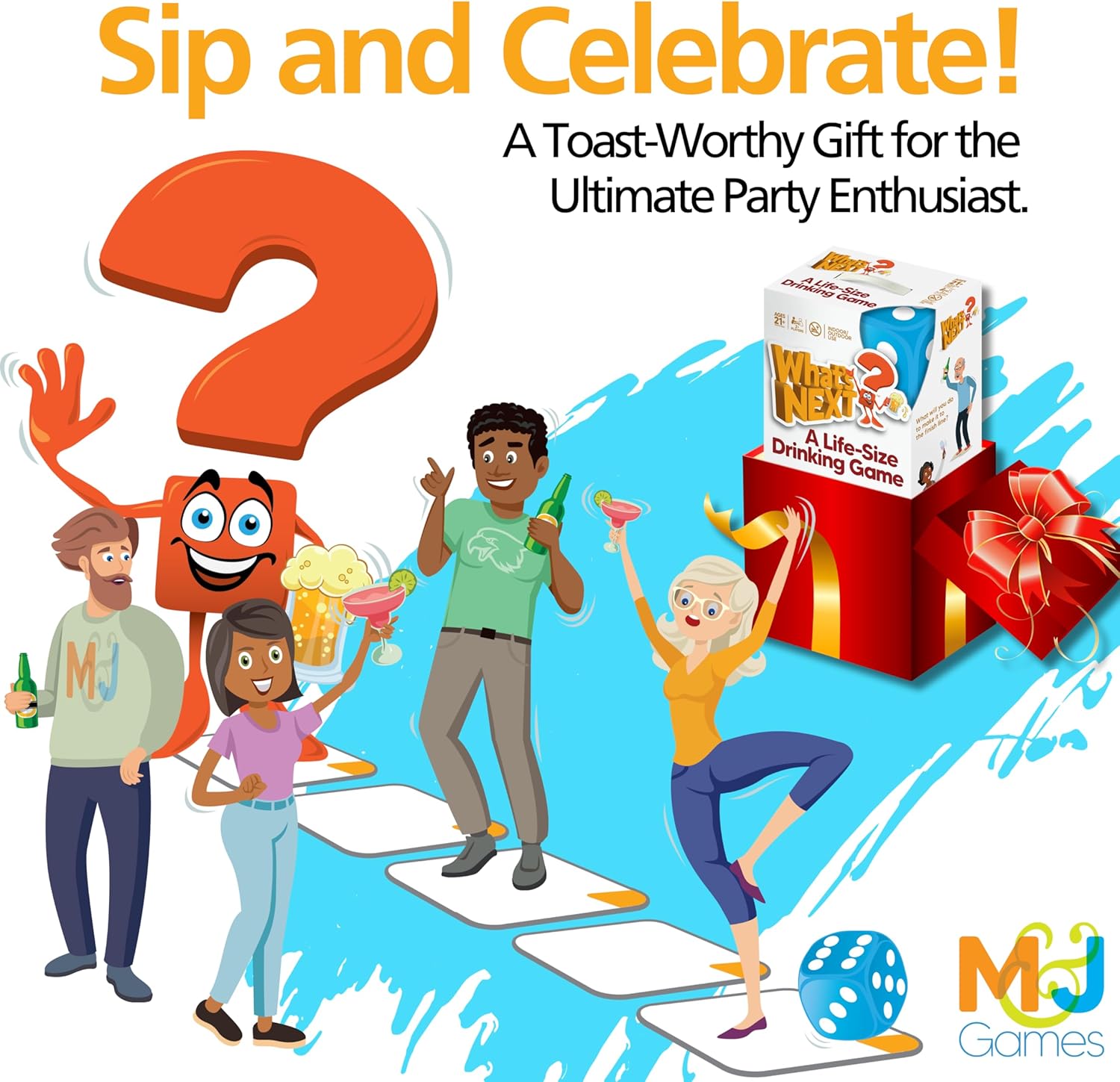 M&J Games What's Next? A Life-Size Drinking Game, Party Lover's Board Game, Hilarious Activity for Adult Gatherings, Floor Game to Get Celebrations Started, Ages 21+, 25 Action Tiles, Giant Foam Die