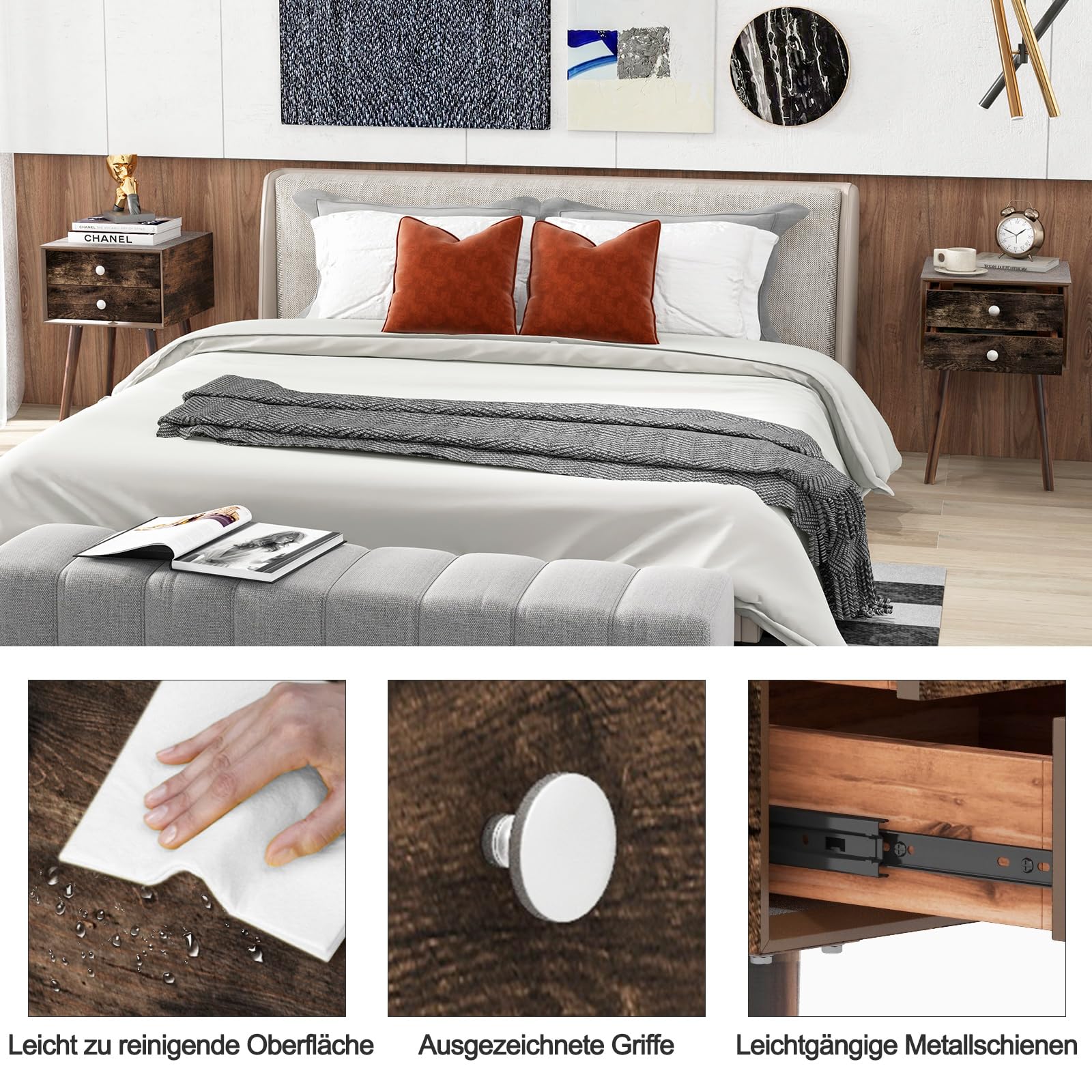 COSTWAY Nachtkastje met 2 laden, nachtkastje voor boxspringbed, bijzettafel van hout, nachtkastje voor woonkamer, slaapkamer, 40 x 40 x 59,5 cm (rustiek bruin