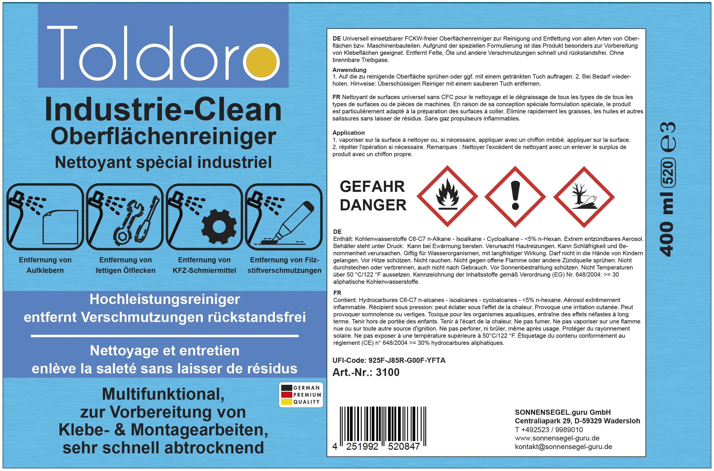 Toldoro Industriereiniger, Etikettenentferner, Maschinenreiniger, Klebereste Entferner, Klebstoffentferner, Etikettenlöser, Entfetter Spray (1x 400ml)