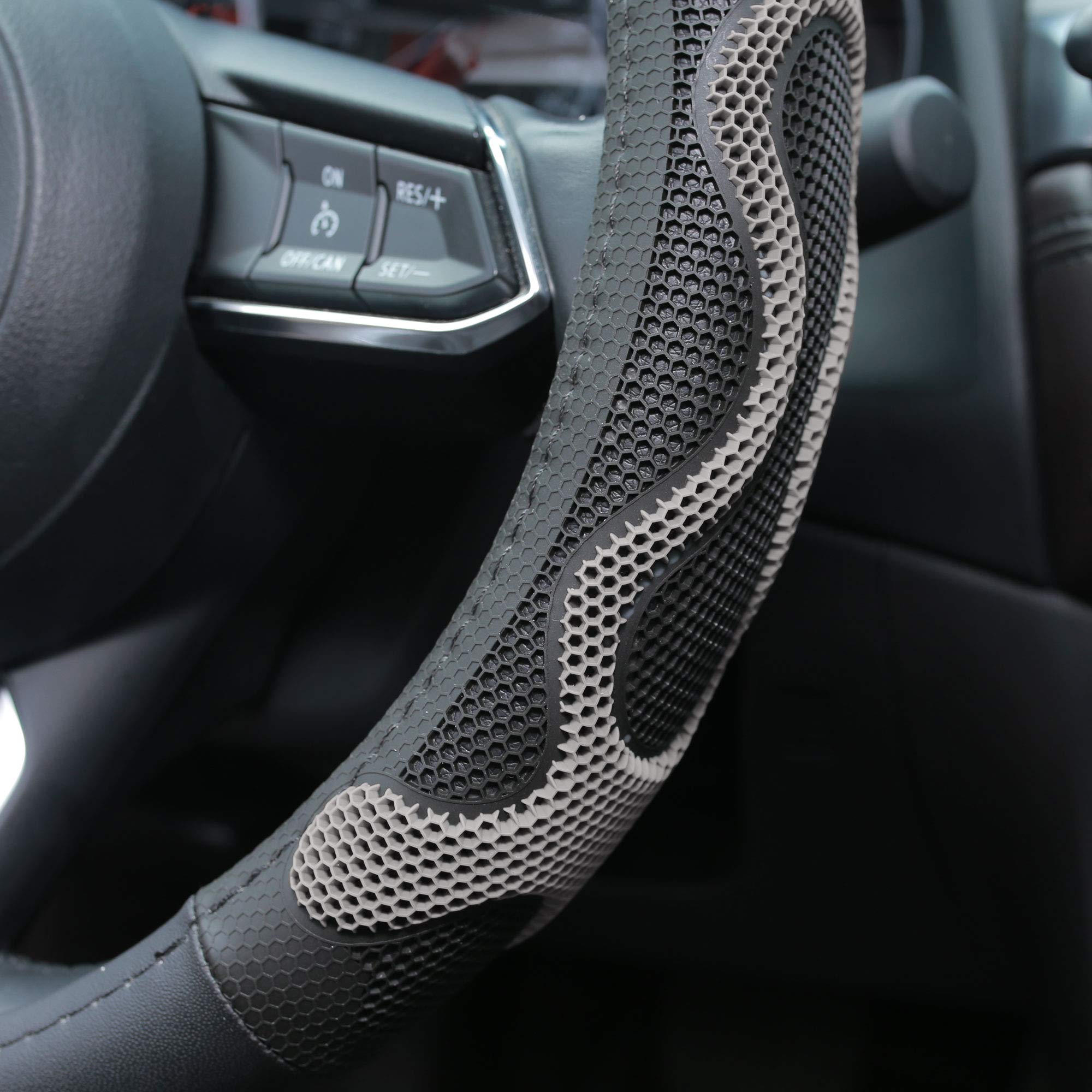 TLH Universal Leather Car Steering Wheel Cover with Silicone Anti-Slip Grip, Gray Color