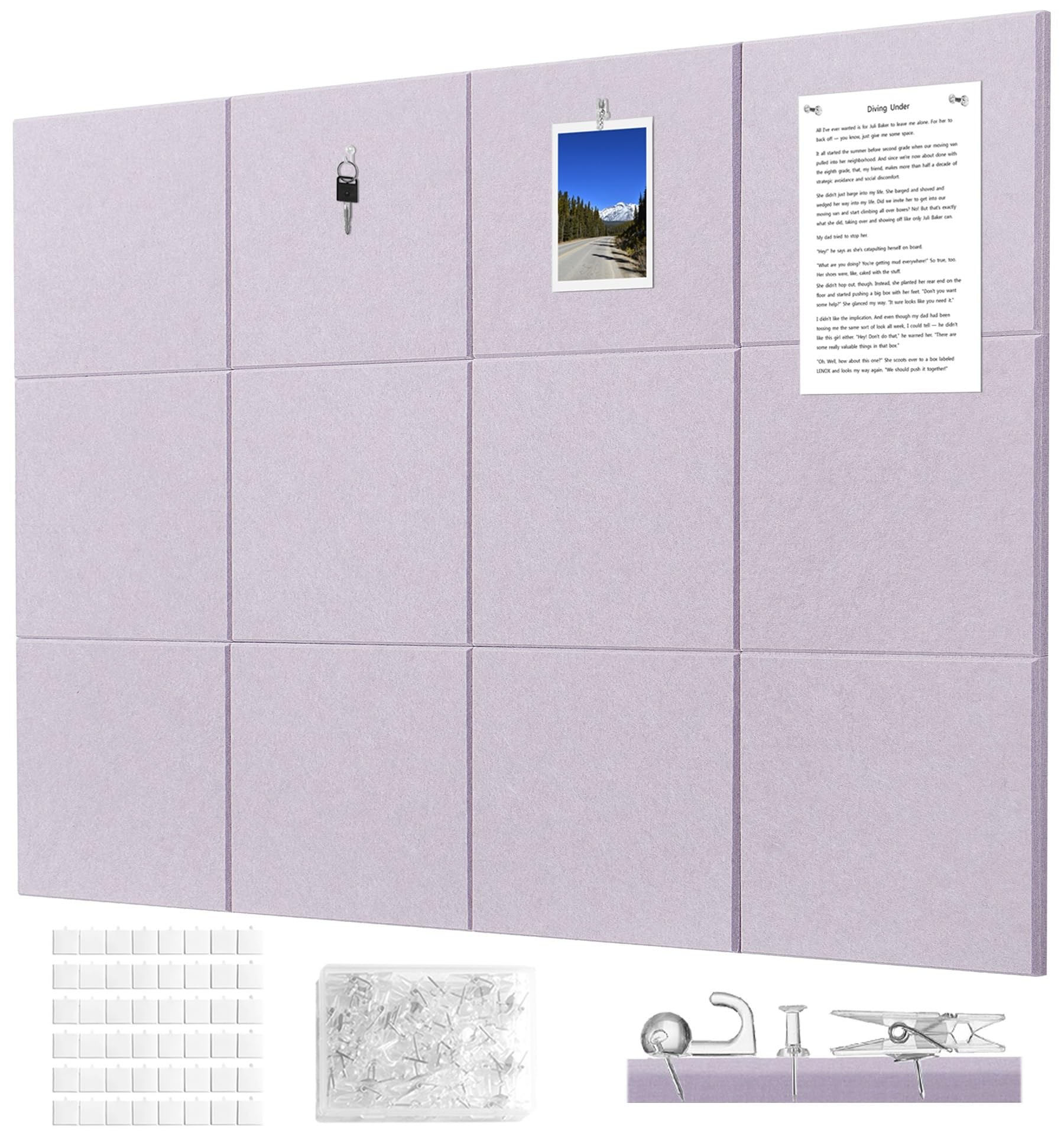 G Gamit Felt Bulletin Board Wall Tiles Large Cork Board Alternative 12 Pack 11.81”x11.81”x0.47” Felt Pin Board Tack Board with Safe Removable Adhesive Tabs for Home Office School 48x36(Light Purple)