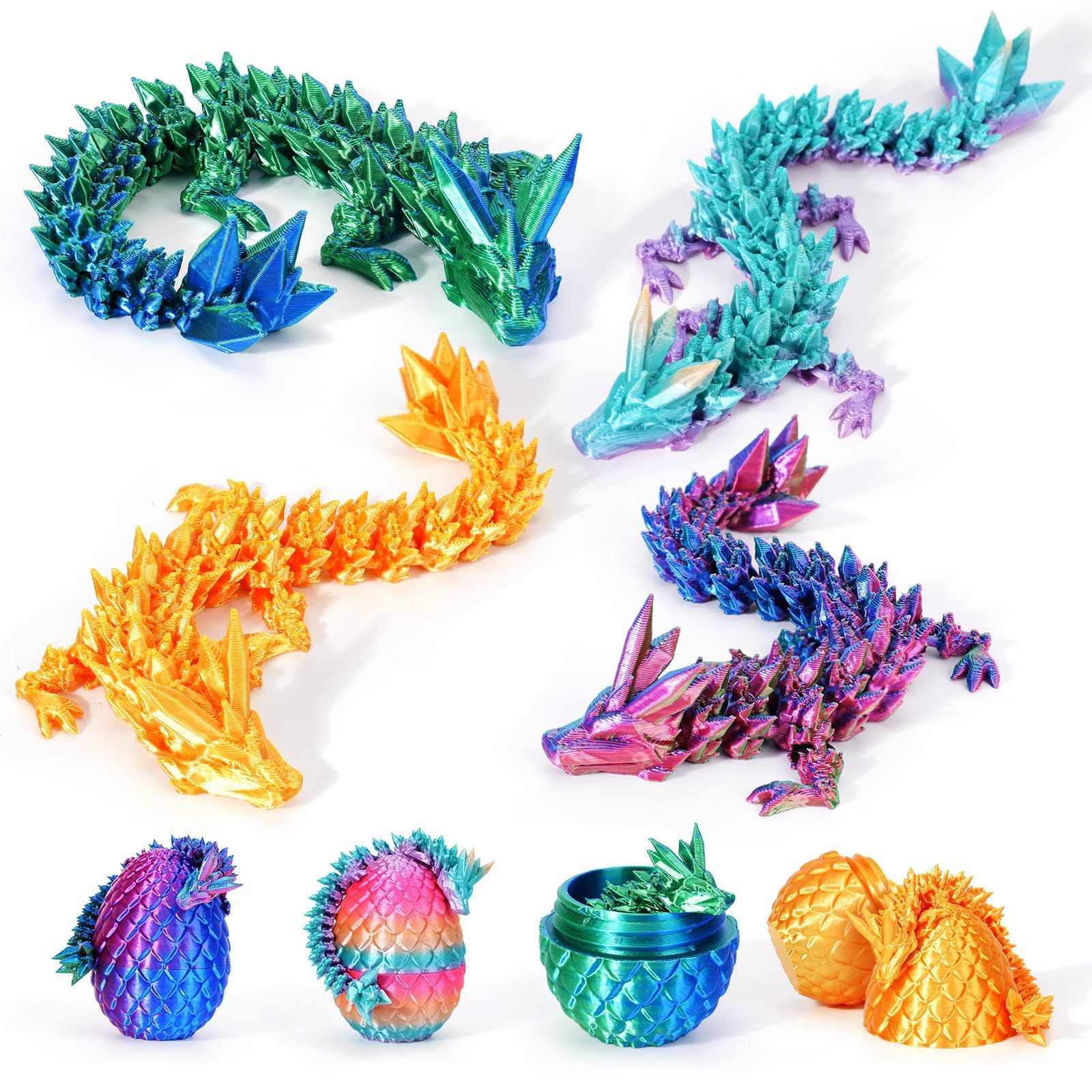 Merrwon 4er Set Miniatur 3D Drache im Ei, 3D Gedrucktes Drachenei mit Drache, Ewegliche Gelenke Kristall Drache mit Drachenei, Drachen Spielzeug–Bunte Designs für Ostergeschenk (4 Farben, 4 Drachen-H)