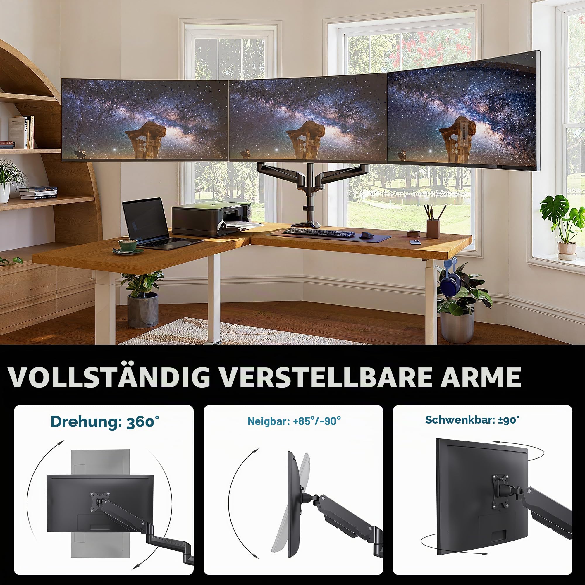 HUANUO Monitor Halterung 3 Monitore für 17-32 Zoll Bildschirme, Bildschirmhalterung 3 Monitore Höhenverstellbar, Monitorarm, Tragen Sie 8 kg pro Arm, Schwarz Gaming