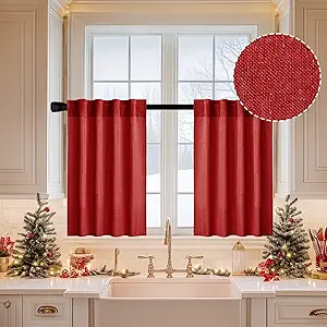 MIULEE Red Kitchen Curtains 24 Inch Length 2 Panels, Soft Thick Linen Textured Semi Sheer Light Filtering Short Cafe Tier Curtains for Small Half Window Back Tab Rod Pocket Christmas Decor