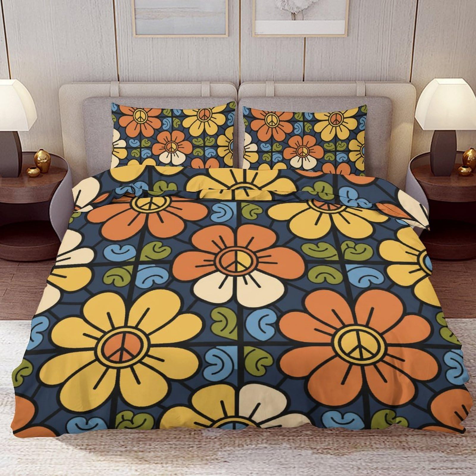 Delerain Comforter Cover Set Queen Size, Retro 70s Hippie Peace Sign 3-Piece Bedding Set for Women Men Modern Soft Microfiber Bedroom Set Room Decor, 1 Duvet Cover + 2 Pillowcases