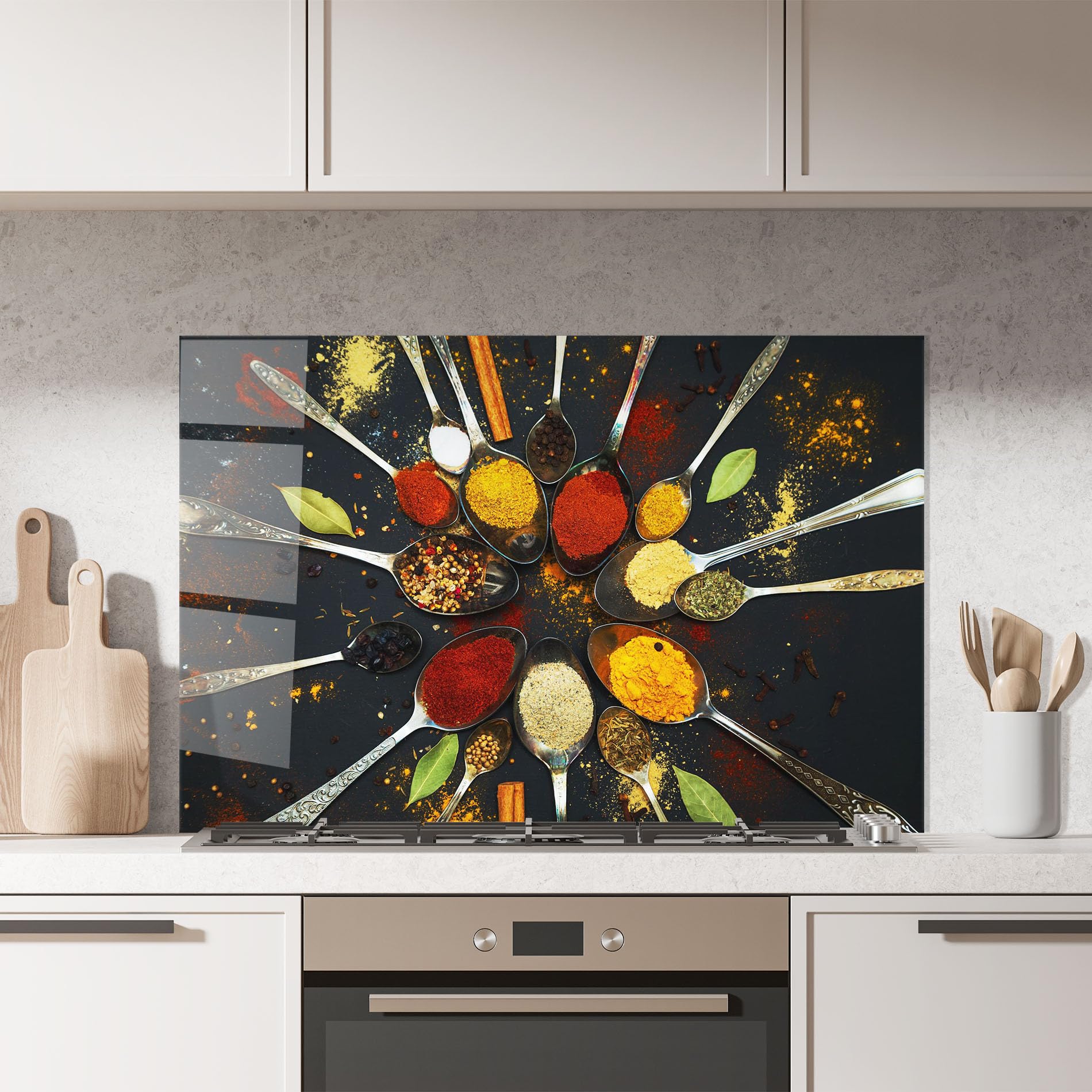 ARTHUB® Crédence de Cuisine en Verre 60x80 cm, Cooking Spoons | Protection Contre Les éclaboussures, Revêtement Mural en Carreaux, Plaque en Verre, Verre trempé, Aliments, Épices