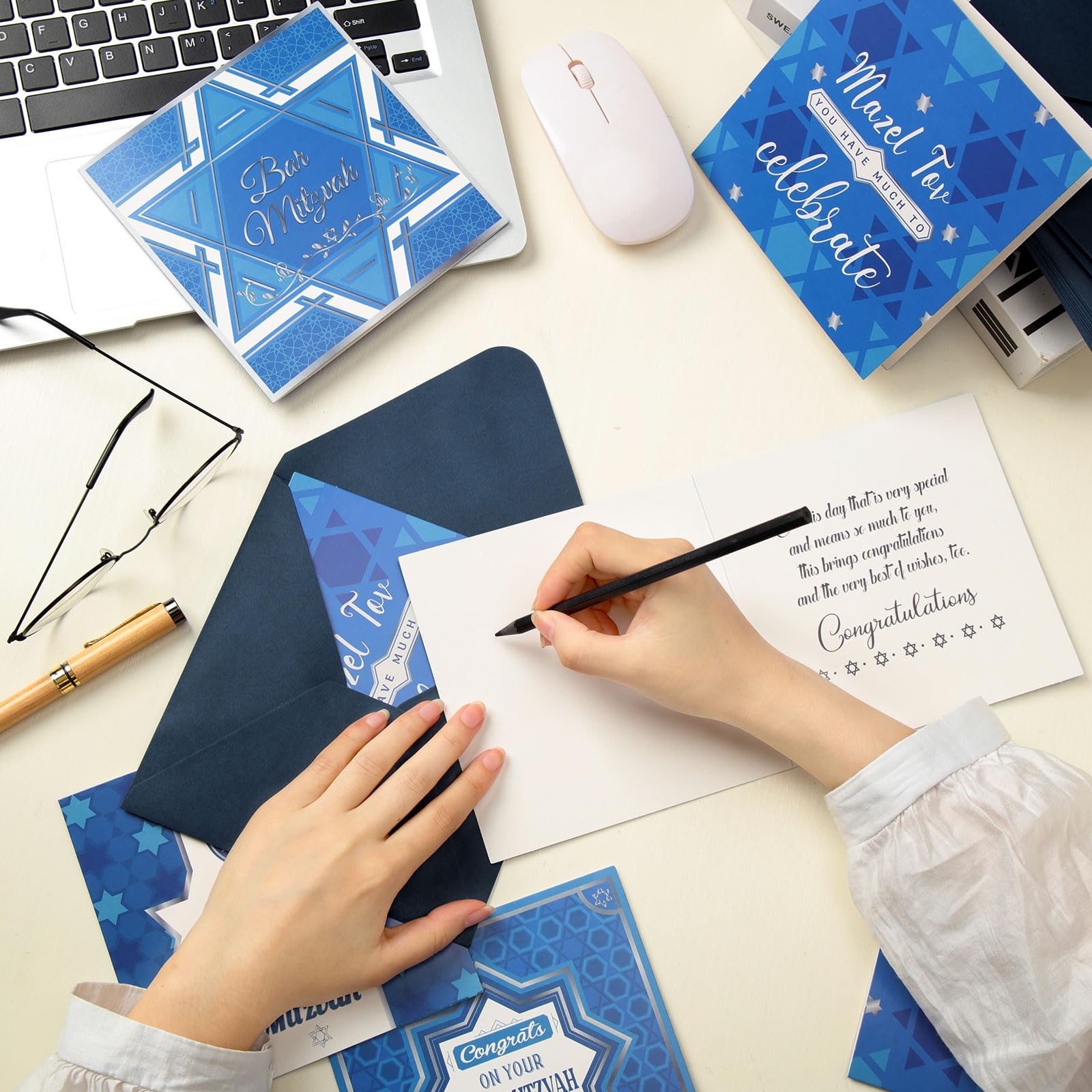 Sinload 12 Pack Blue Bar Mitzvah Cards Bat and Bar Mitzvah Boxed Cards Star of David Design Congratulations Jewish Greeting Cards with Envelopes - Image 4