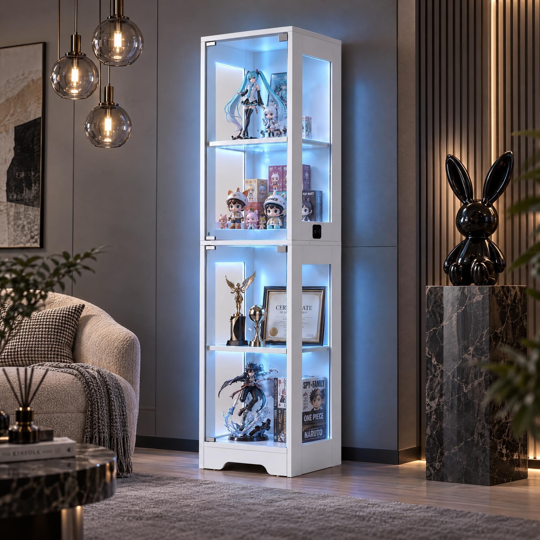 Panana 4-Tier Display Cabinet with Glass Door and 3 Color LED Light,White