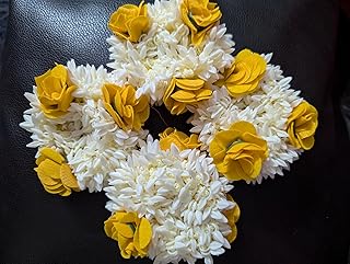 Pretty Charming Artificial Jasmine Flower Hair Bands with Yellow Roses, Traditional Wedding Accessories, White, Set of 4 Ideal for Haldi ceremony