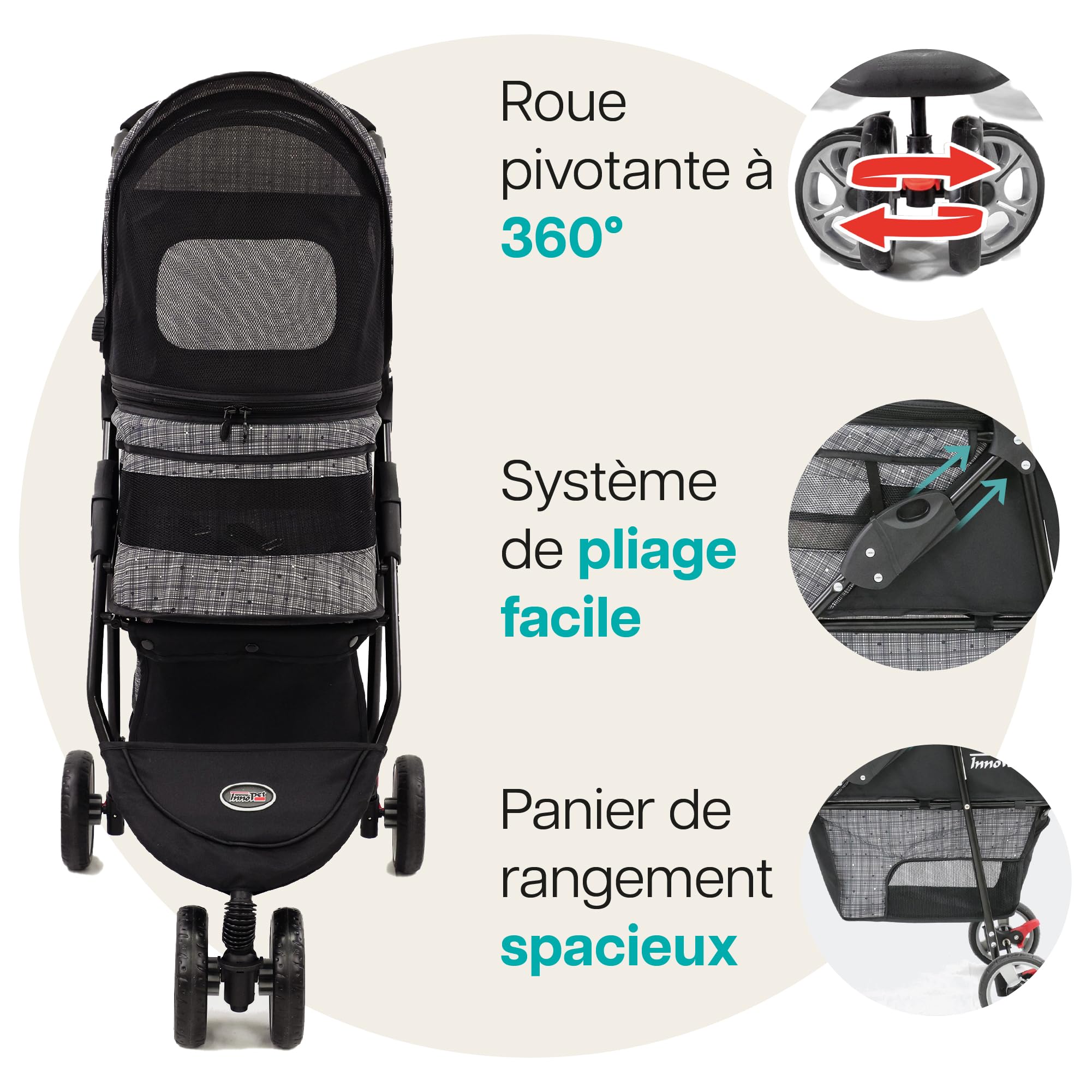 Poussette Innopet Avenue Gris pour chiens et chats - Housse de pluie incluse - Poussette légère pour animaux, poussette pliable à 3 roues avec sangles de sécurité et panier de rangement