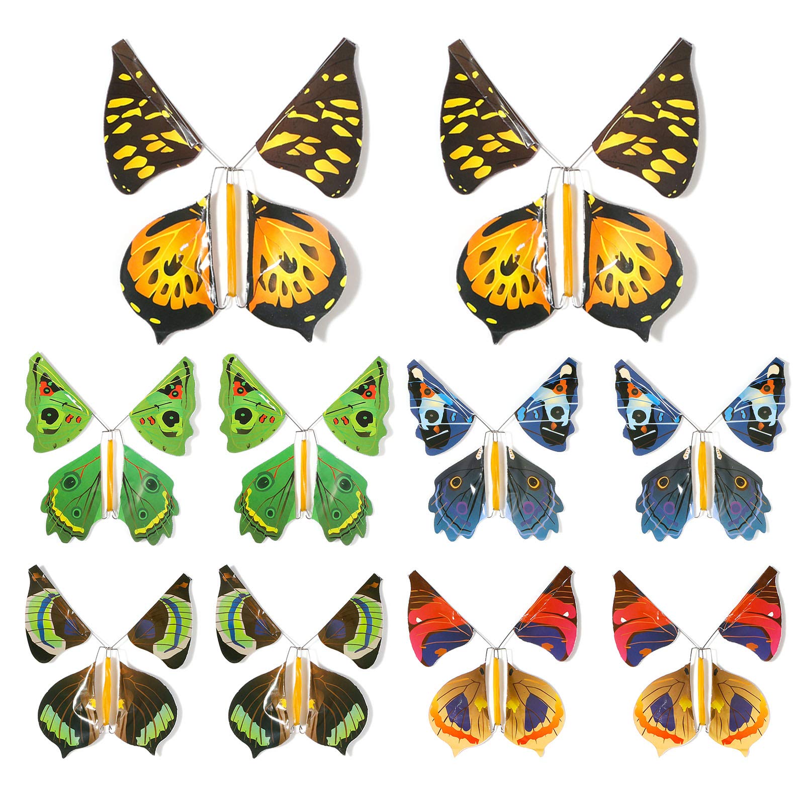 QINREN Magic Flying Butterfly Toy Set, 10pcs Bright Wind up Butterfly Rubber Band Powered Flutter Card Flying Gliders Magic Butterfly Surprise Card for Birthday Wedding Gift(New Steel Frame, 5 Colors)