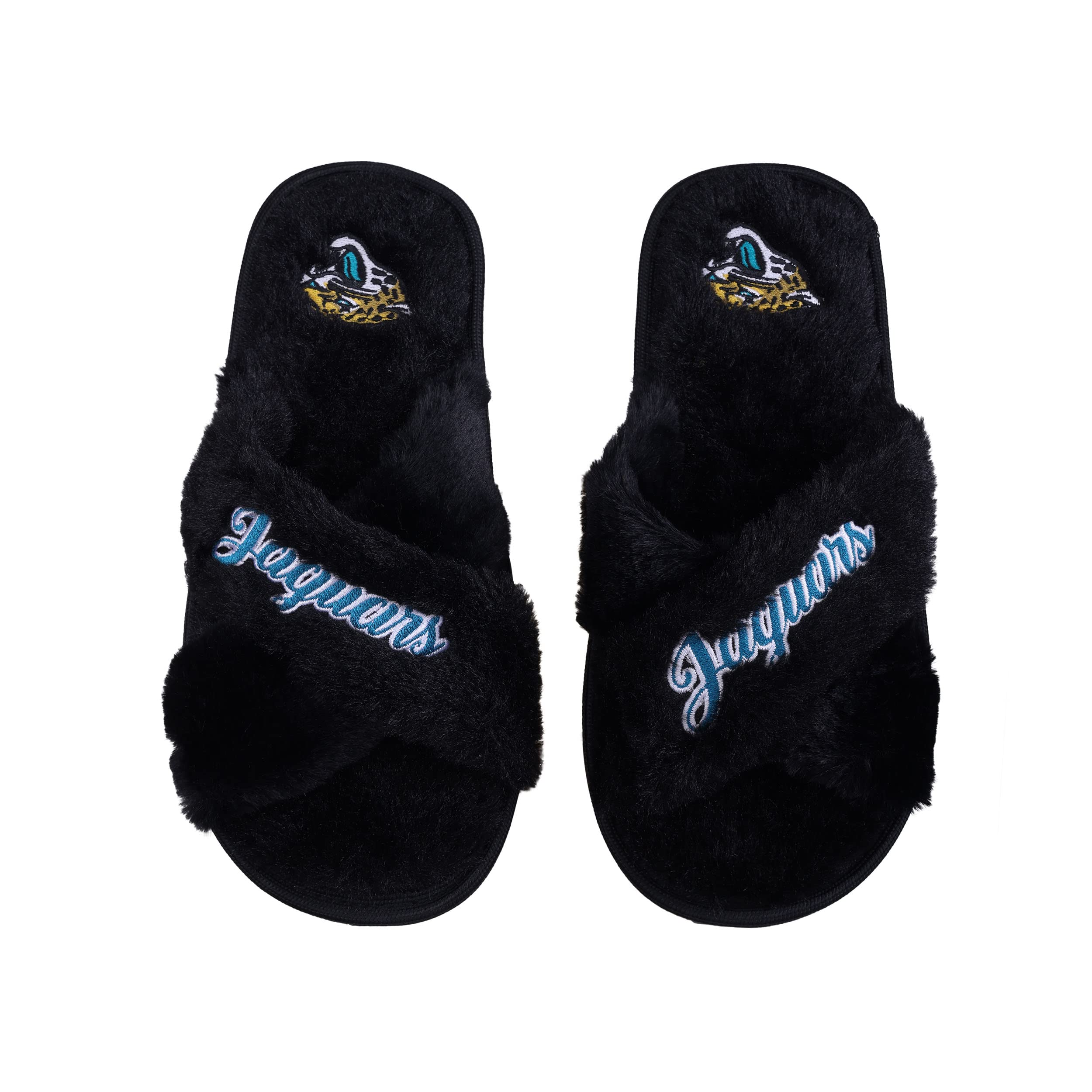 FOCO Womens NFL Team Script Wordmark Fuzzy Cross Slide Slippers