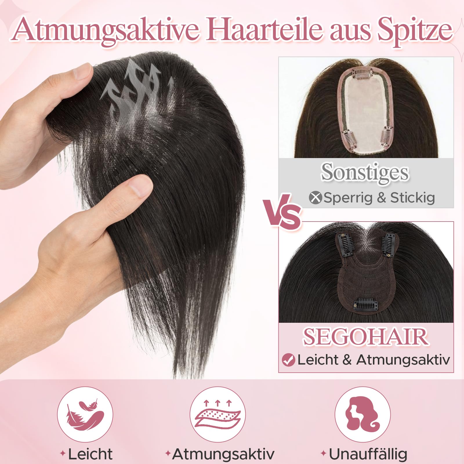 SEGOHAIR Echthaar Hair Topper für Frauen mit Wispy Pony Handgebundene 3,54" x 4,72" Lace-Basis-Haarteil mit 3 Clips einfaches Clip-in leichte atmungsaktive Basis #02 Mokkabraun