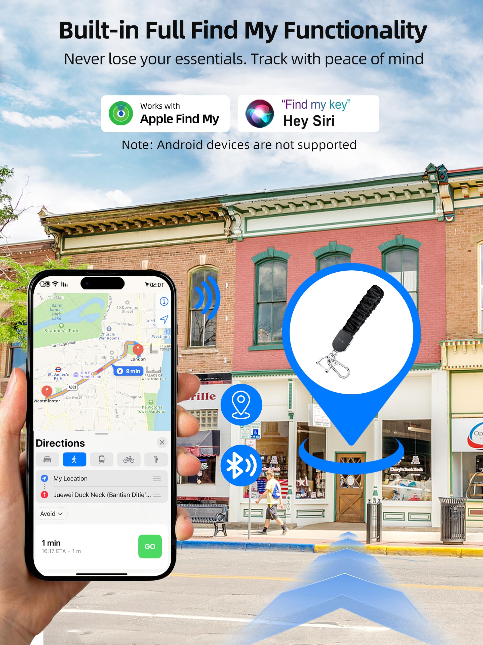 Portachiavi da polso, funziona con Apple Find My, elastico elastico per donne e uomini, portachiavi per auto con localizzatore GPS, cercatore di chiavi intelligenti, ricaricabile, nero e argento
