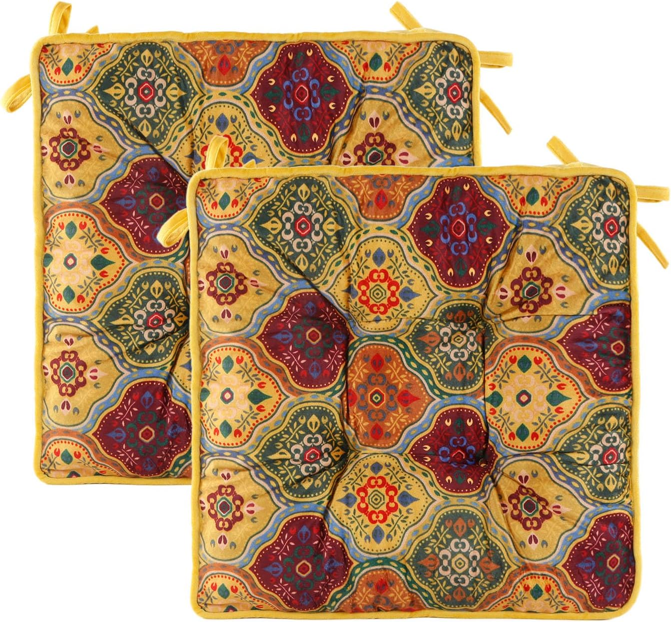 Bohemian Square Seat Cushions for Kitchen Dining Living Tea Room,16.5" x 16.5" Printing Velvet Chair Pads with Non-Slip Ties, 2Packs, Blue