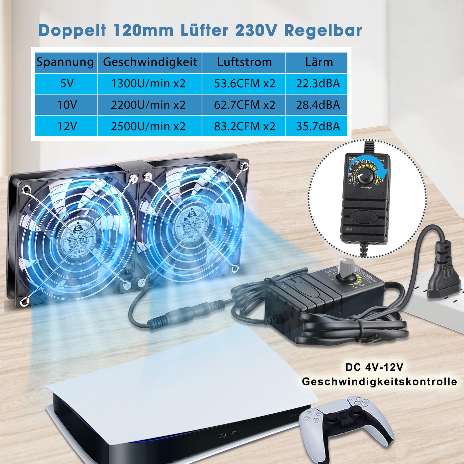 GDSTIME Dual 120mm Lüfter 230V 2 x 120mm PC Lüfter 220V Doppelkugellager DC 4V-12V Einstellbare Geschwindigkeit für Schrank Server Router Verstärker Kühlung Belüftung