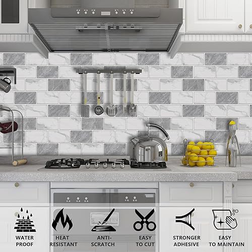 Miniatura 3 de URCOLOR Azulejo de 10 hojas para despegar y pegar en muro de cocina, salpicaduras traseras de 12 x 12 pulgadas para baño, aspecto de mármol gris y