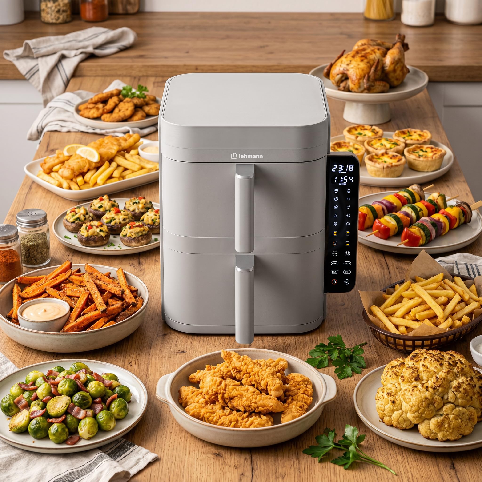 LEHMANN Frytkownica na gorące powietrze, 2 komory XXL, 12 l, 2 pionowe szuflady, 40-230 °C, powłoka nieprzywierająca, 10 programów, oszczędność miejsca, bezolejowa podwójna komora Airfryer dla dużej