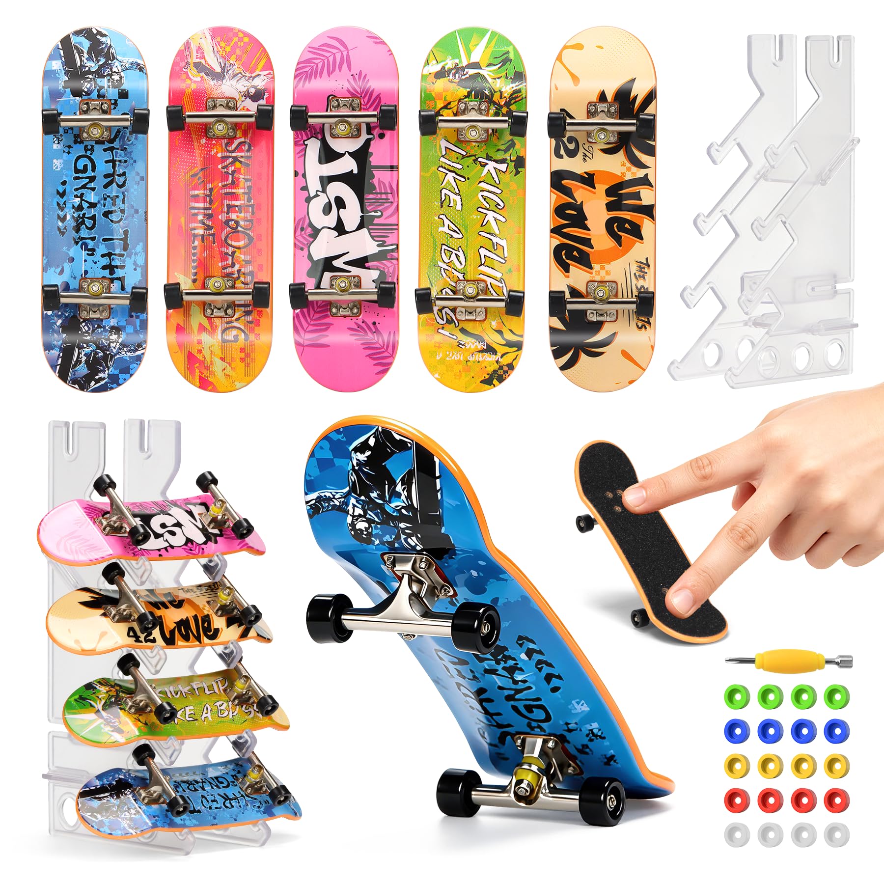 Hamino Finger Skateboards Set, 5PCS Finger-Skateboard, Display Stand and Accessory Set, Mini Finger Skateboard Suitable for Most Skate Park, Starter Kits and Kids Birthday Party Gifts