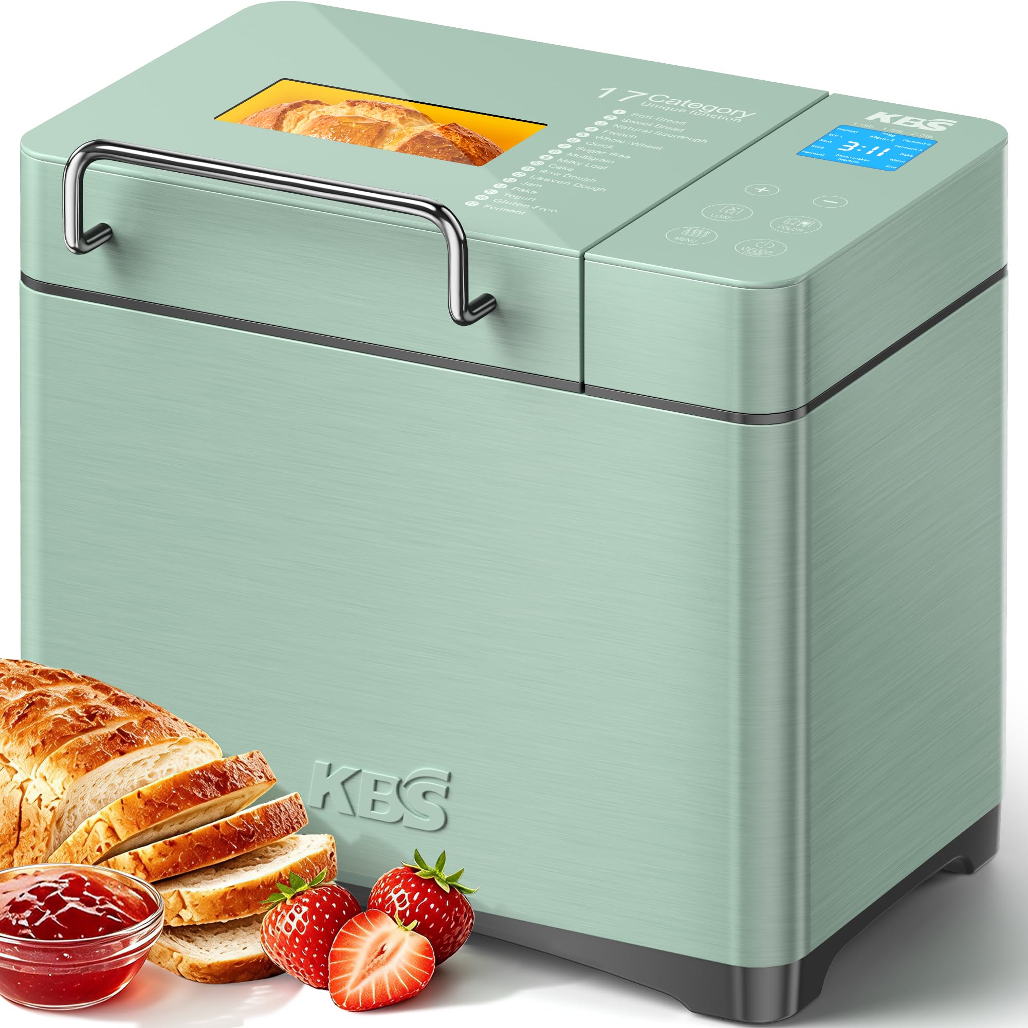 KBS 2.2LB Bread Maker, 710W Convection Bread Machine with Dual Heaters, Healthy Nonstick Ceramic Pan, Auto Nut Dispenser, 17-in-1 Bread Maker Machine for Gluten-Free, Touchscreen, 15H Delay Timer