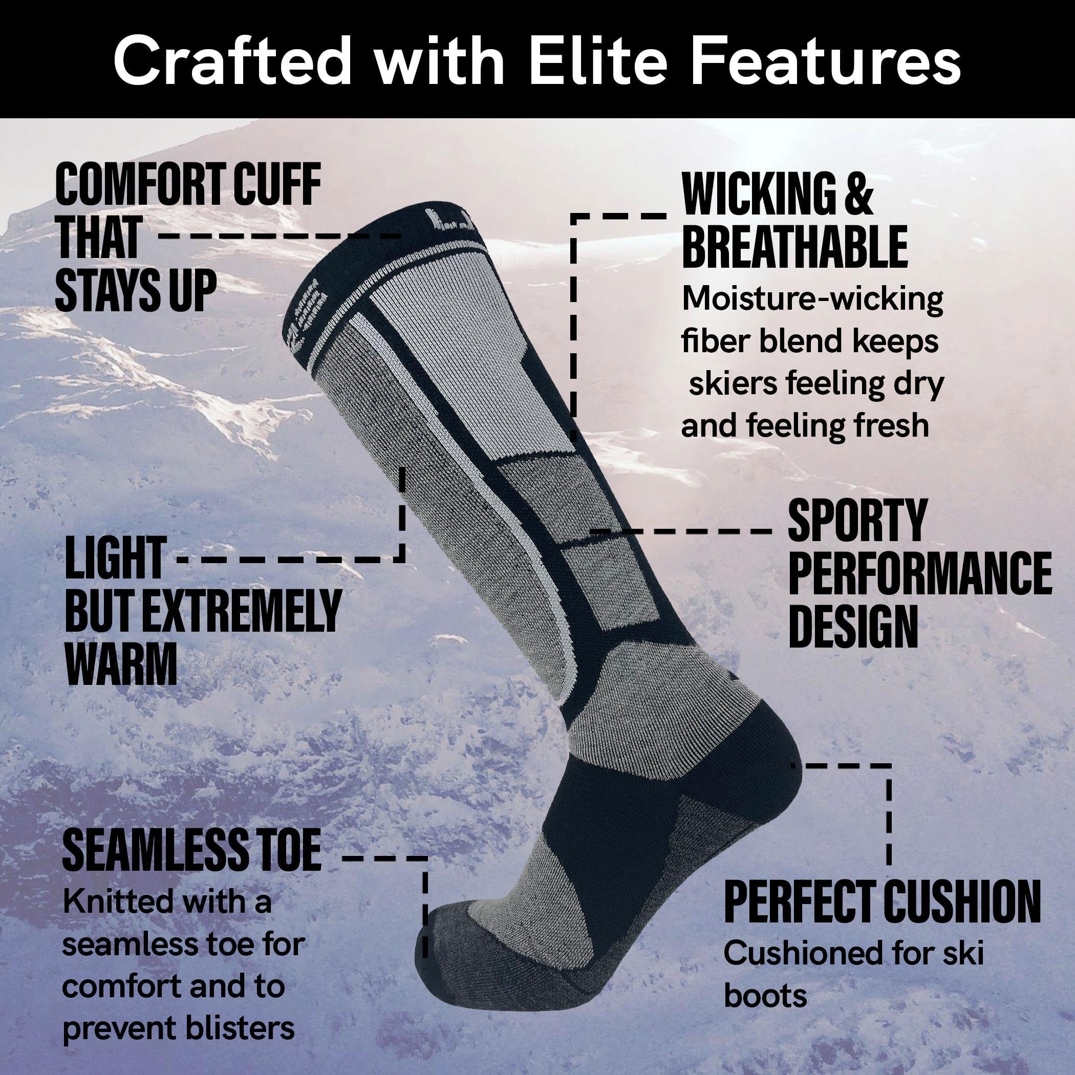 Pure Athlete Alpaca Wool Ski Socks - Made in USA, Winter Weather Lightweight Skiing and Hunting Socks for Men and Women