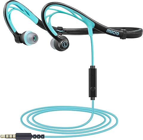 MUCRO Foldable Wired Running Sports Headphones, Night Neckband in-Ear Stereo Workout Earphones Designed for Jogging Gym Headsets,Blue