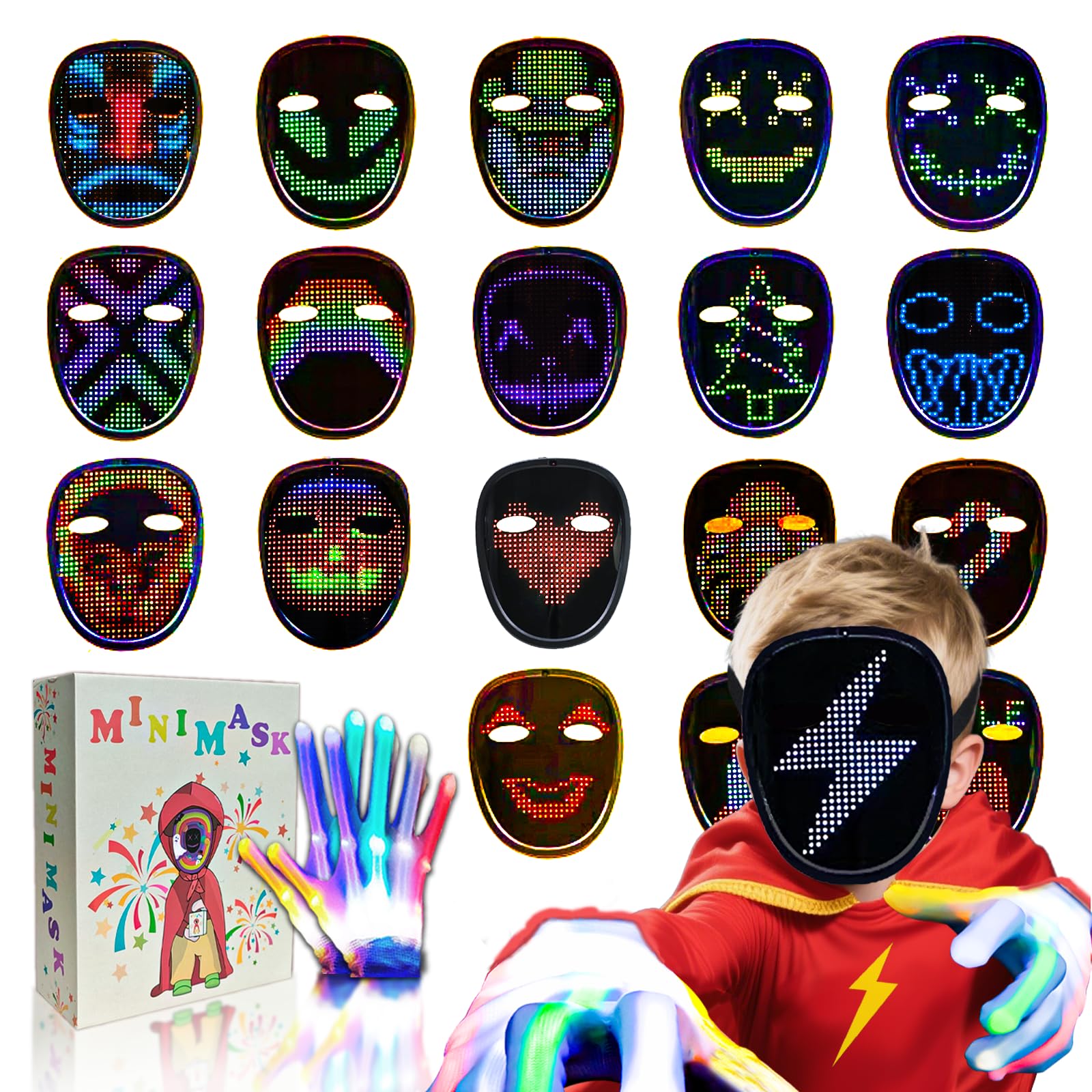Led Maske mit Handschuhe Set,Halloween Kostüm Für Kinder Jungen Erwachsene | 2026 Gestenerkennung Wiederaufladbar Leuchtende Gesicht Cos Masken, Cool Maskerade Spielzeug Weihnachts Geschenke Erwachsene