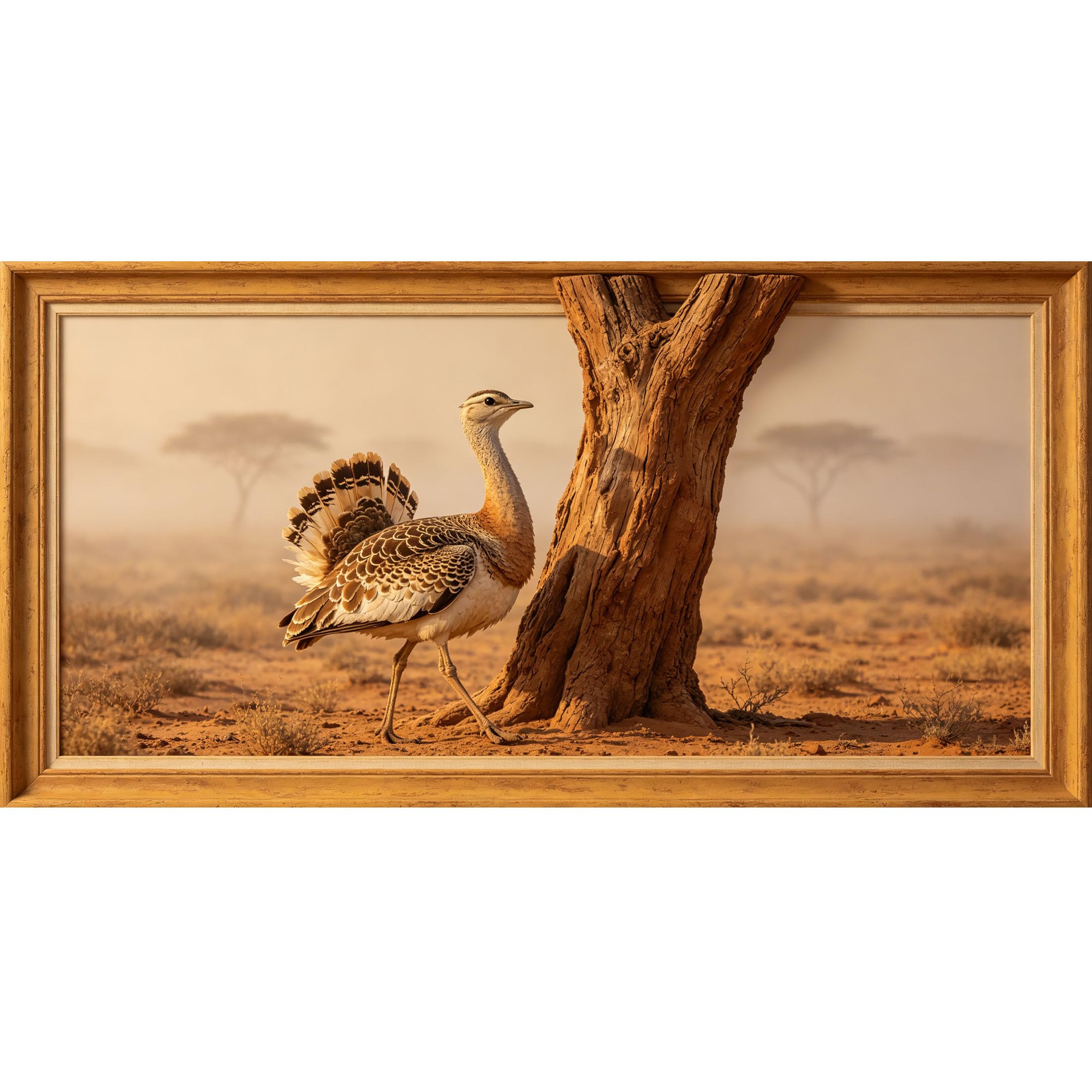 Agglomerix 3D Framed Wall Art Safari Ostrich Desert Landscape Acacia Tree Wildlife Nature Rustic Large Size Self-Adhesive Removable Wall Decor Prints Artwork for Living Room Bedroom Office