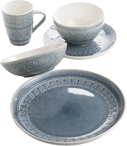 Euro Ceramica Fez Collection - Juego de vajilla de cerámica reactiva de 20 piezas, servicio para 4, diseño de mandala, color gris