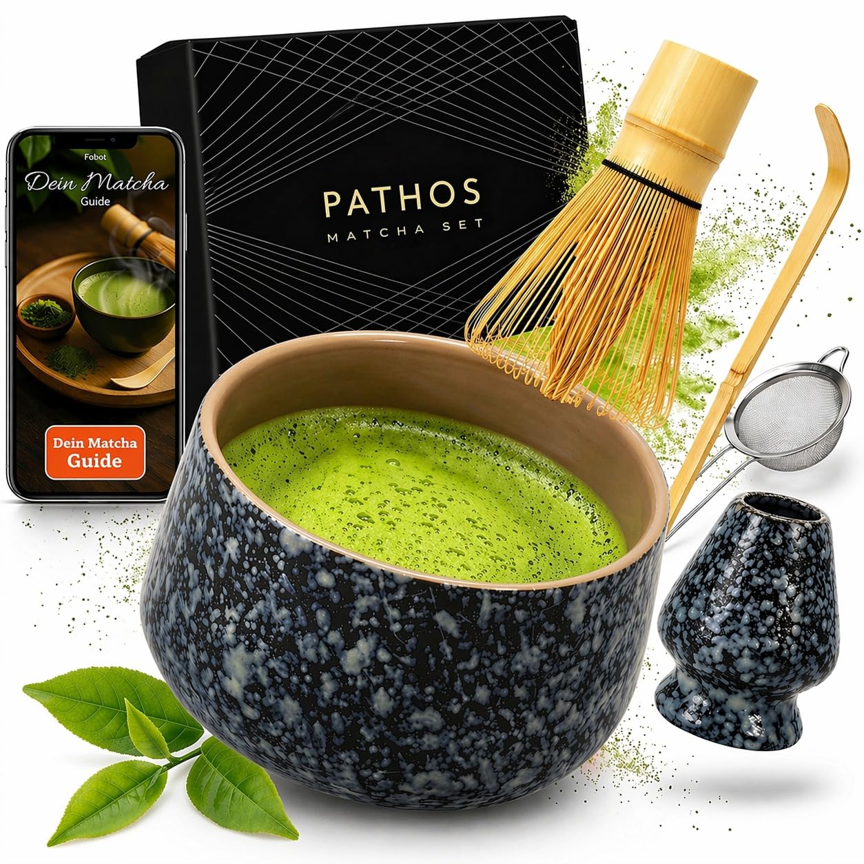 Premium Matcha Set aus Keramik - Traditionelles Matcha-Set mit Matcha Besen und Schale, Sieb und Besenhalter - Macha Tea Set - Matchaset Zubehör Kit ohne Pulver - Whisk Matchabesen (Schwarz)