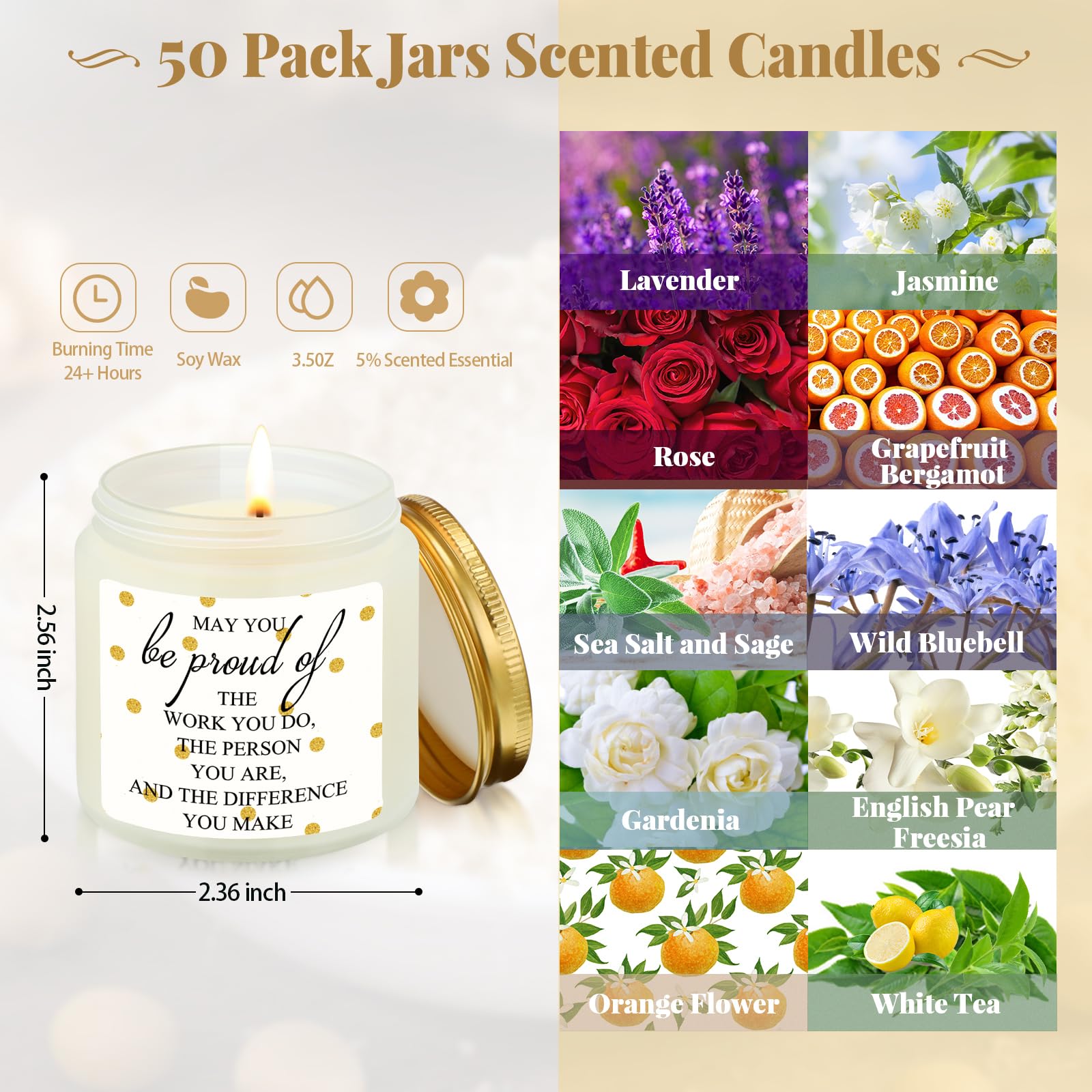 Fumete 50 Pcs Thank You Candles Bulk Inspirational Scented Candles 3.5 oz May You Be Proud of The Difference You Make Employee Appreciation Gifts for Team Teacher Back to School Secretary(White)