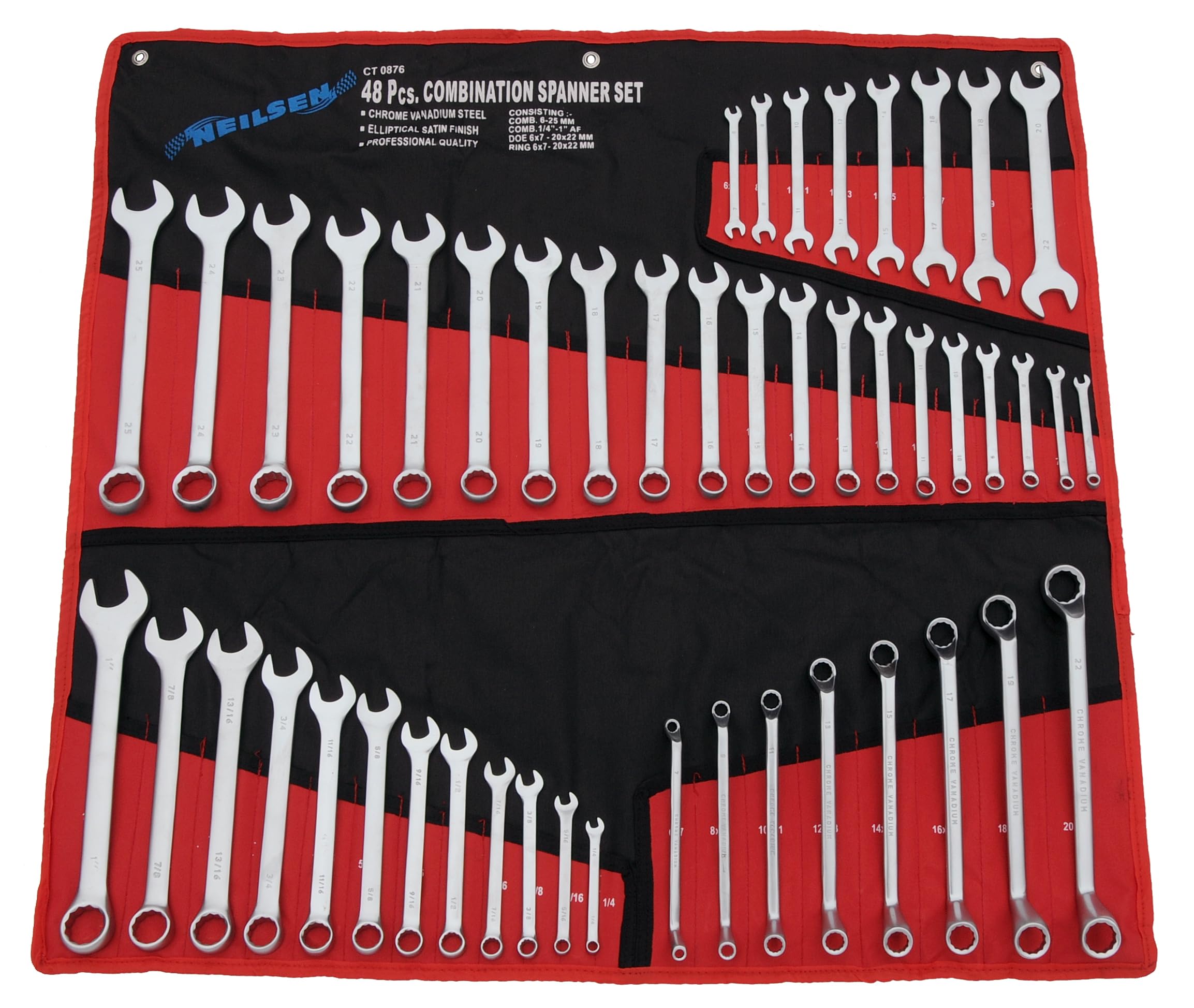 Neilsen Chrome Ct0876 48Pc Mixed Spanner Set-Material: Crv | Types: Combination, Doe, Ring And Sae Spanners | Metric 6-25Mm | Imperial 1/4"-1" | Nickel Plated Full Polish