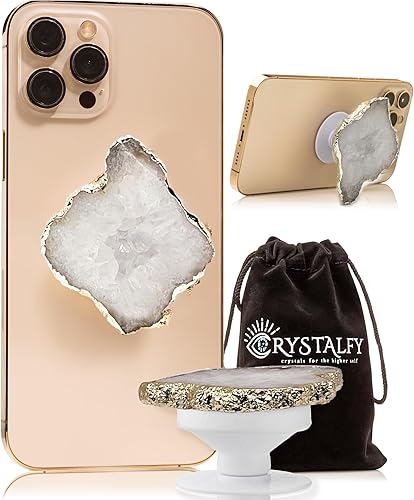 Agarre y soporte para teléfono de cristal drusa de cuarzo transparente parte superior intercambiable de piedras preciosas naturales auténticas,