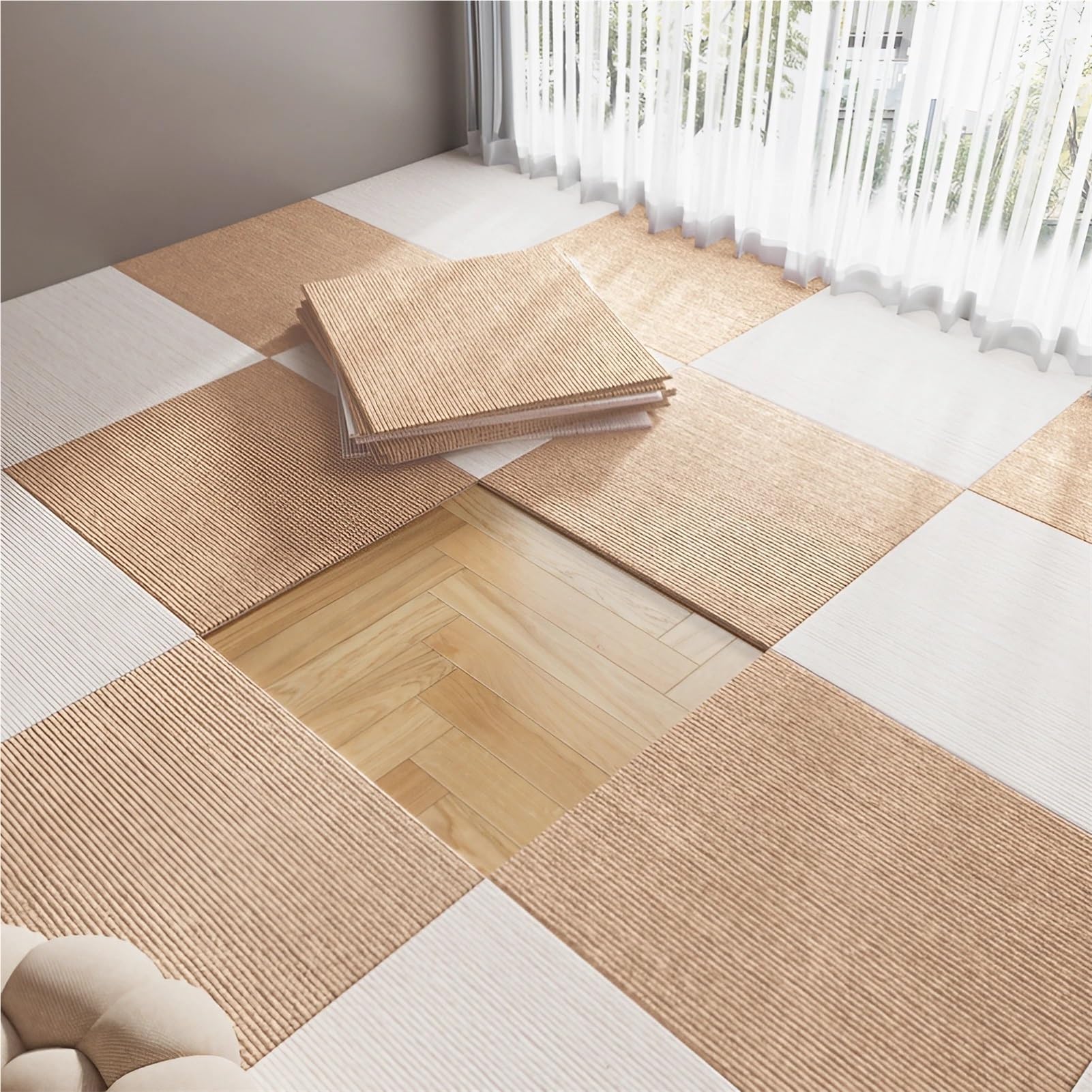 Selbstklebende Teppichfliesen 30x30cm Anti-Rutsch Puzzle-Teppich Quadratisch, Nadelfilz Bodenschutzmatte Selbstliegend, Abziehen und Aufkleben für Schlafzimmer & Wohnzimmer(Khaki,12 x 12 Inch-9 Pcs)