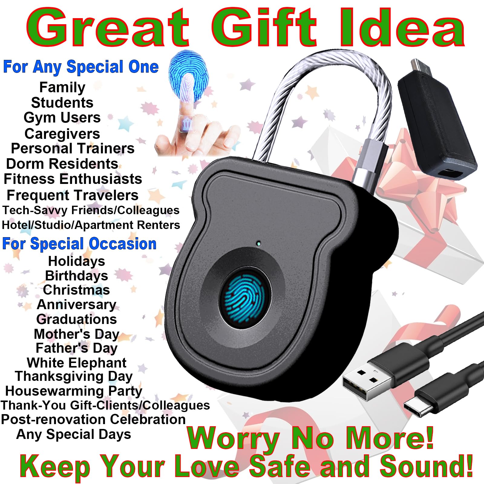 Candado de huellas dactilares para casillero de gimnasio con llave USB, cerradura biométrica de 20 usuarios para equipaje, mochila, caja de herramientas, maleta, bolsa con cremallera
