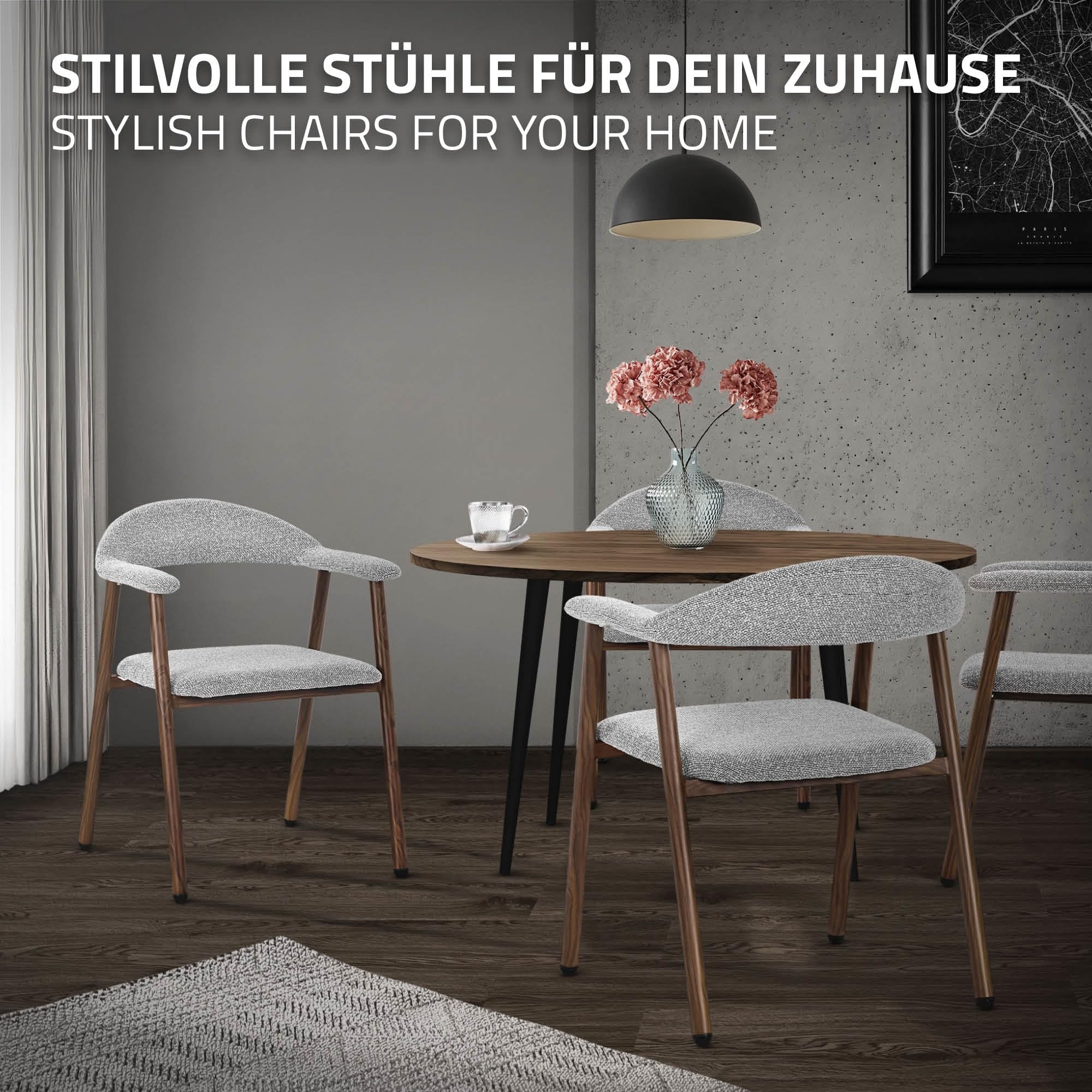 ML-Design Juego 4 Sillas de Comedor con Reposabrazos, Asientos de Cocina y Salón con Respaldo, Tapizado Tejido Gris y Estructura de Acero con Aspecto Madera, Sillones Ergonómicos Modernos