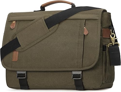 Miniatura 8 de RAINSMORE Bolsa tipo mensajero para hombre de 17 a 17.3 pulgadas, bolsa de lona resistente al agua, bolsa de hombro para computadora, oficina, Negro