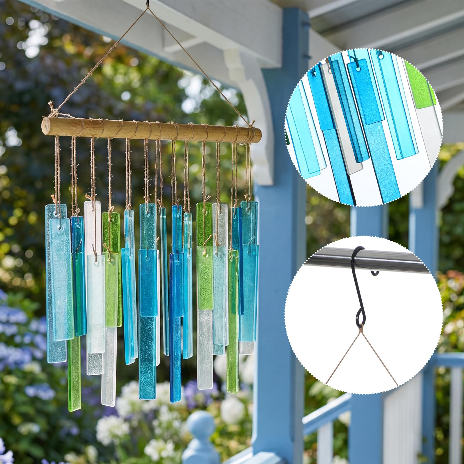 Junkin Carillon en bois flotté bleu avec lumières de 42 cm pour l'extérieur fabriqué à la main - Décoration côtière pour la plage, les vacances, l'été, les femmes