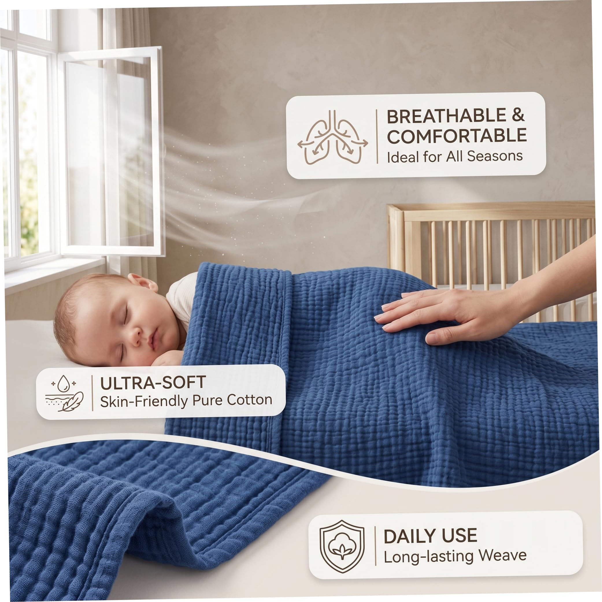 Coperta in cotone, morbida coperta in mussola, blu scuro | Cotone delicato sulla pelle, leggero per chi ha il caldo, garza ultra morbida e traspirante