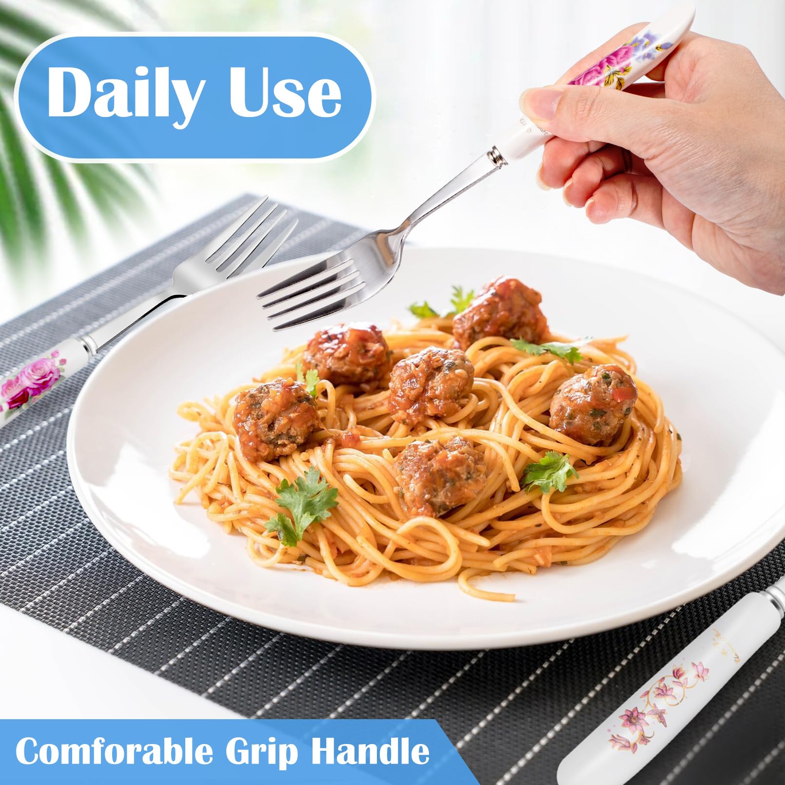 12 Pcs Dinner Forks, Floral Fork with Ceramic Handle, 12 Patterns — Amazon image 3