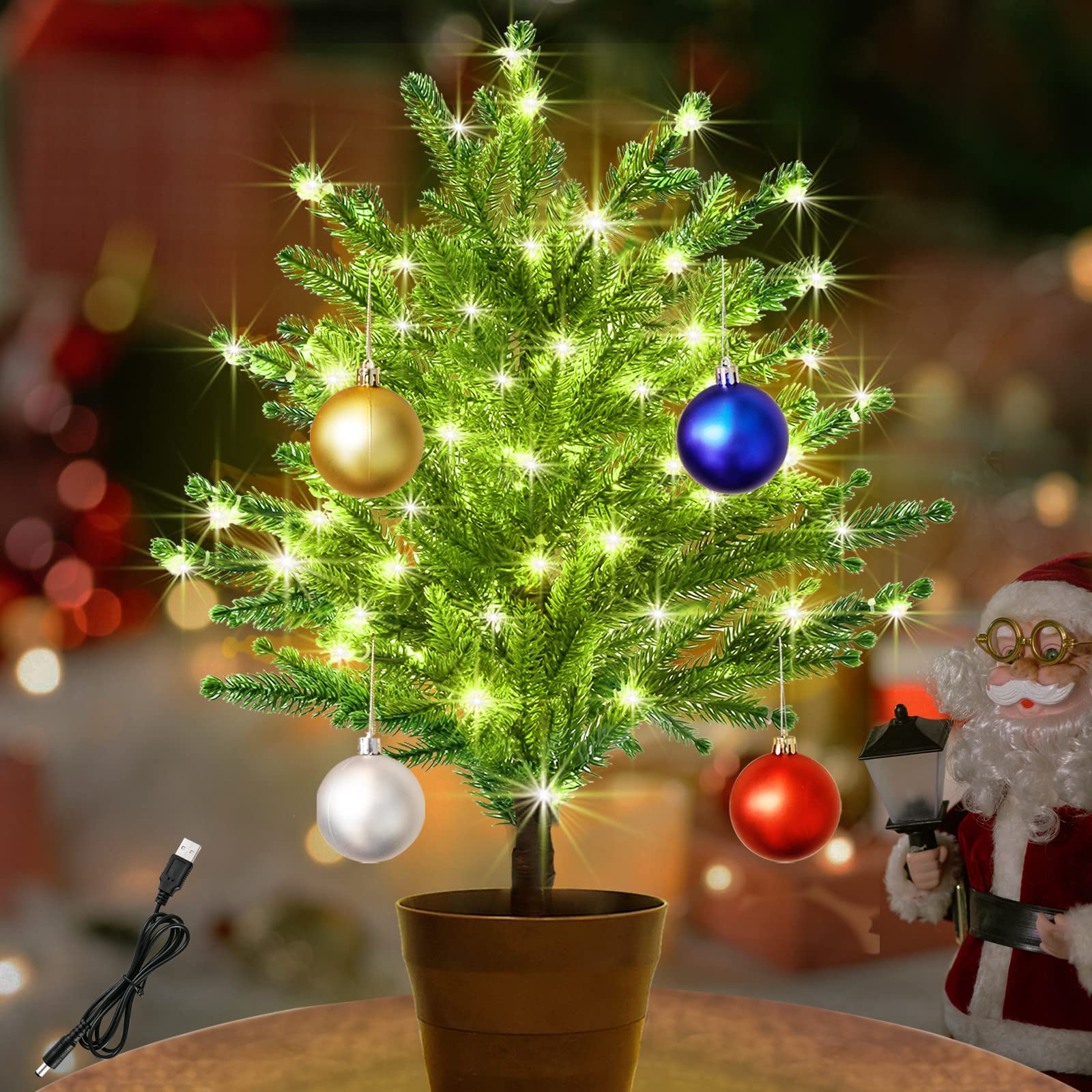 Lighted Mini Christmas Tree Tabletop Decoration, Pre-lit Artificial Xmas Tree with 80 LED Lights, Small LED Tree in Pot with Hanging Balls Ornaments for Home Party Christmas Decoration, Warm White