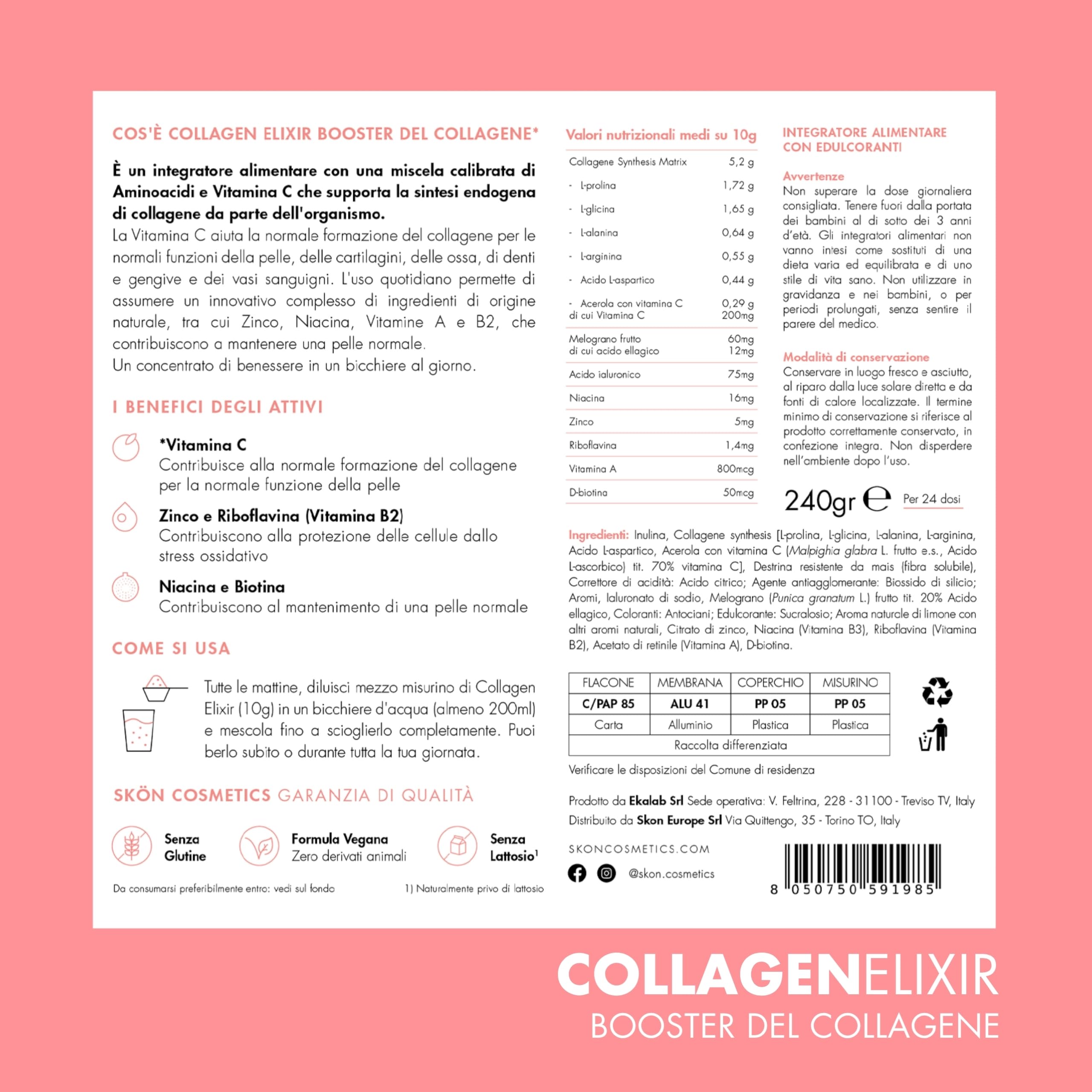 Skön Collagen Elixir - Integratore Collagene e Acido Ialuronico in Polvere con Vitamina C Biotina Niacina, Supporta la Produzione di Collagene - Integratore Capelli Unghie Pelle, 240gx2, Made in Italy