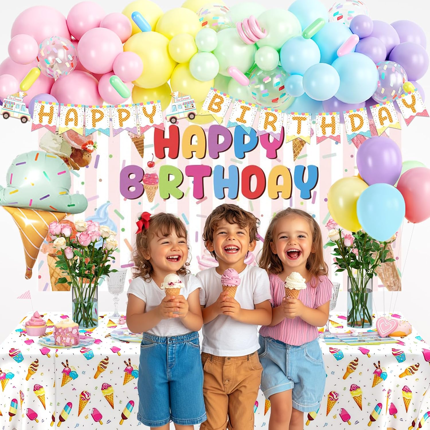 Ice Cream Birthday Party Decorations – 266 PCs Sweet Ice Cream Themed Party Supplies with Balloon Garland, Backdrop, Tablecloth, Banner, Plates, Cups, Napkins, Cutlery, Cake Topper