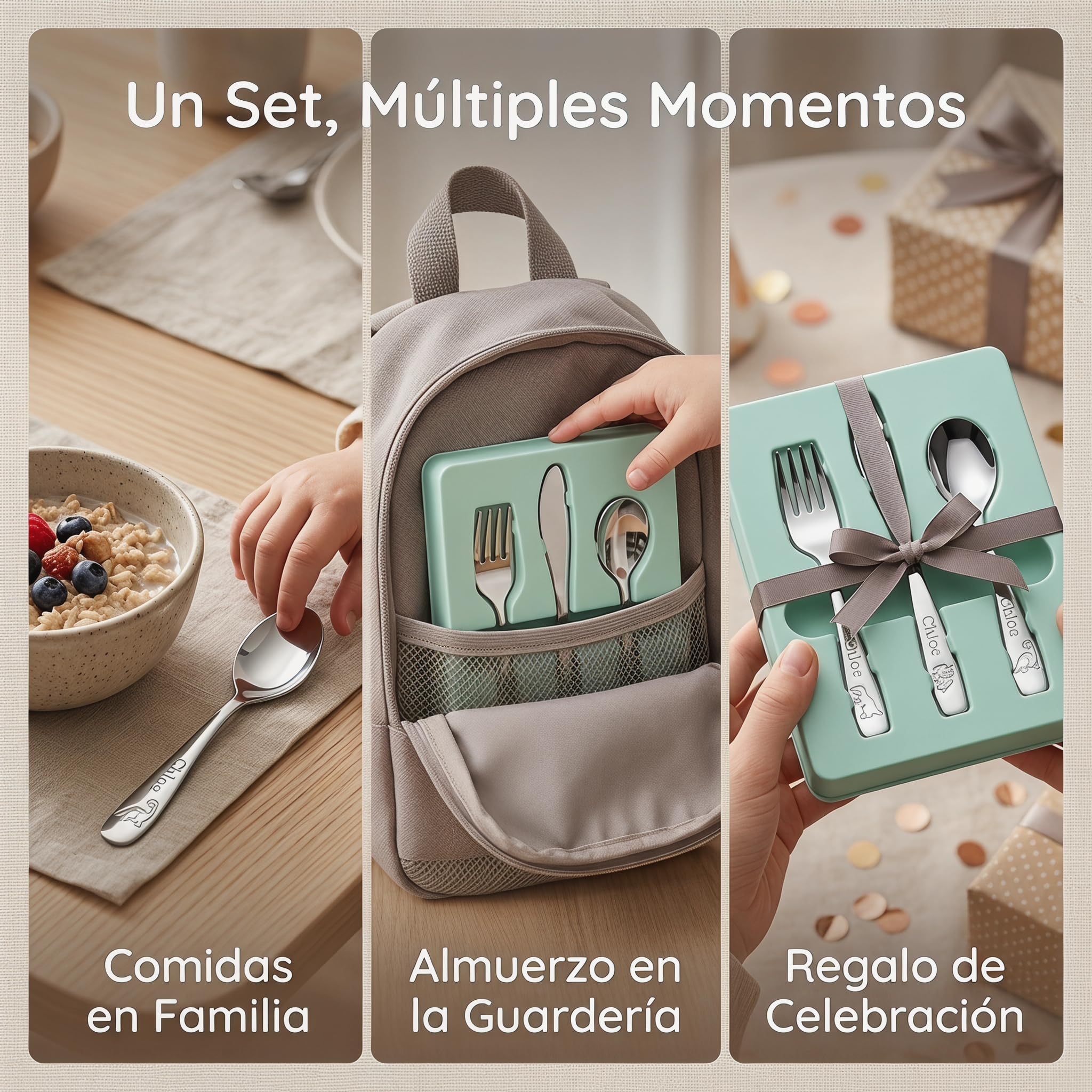 Cubiertos Infantiles Personalizados con nombre grabado, Set de Cubiertos Infantiles en Acero Inoxidable con Personalización.