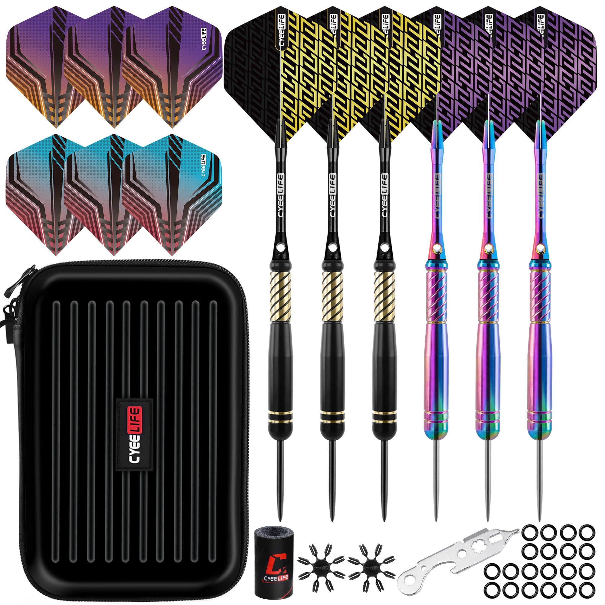 CyeeLife Set de Fléchettes Professionnel 20g Acier avec Dart Case, 6 Tiges Alu, 12 Vols, 20 Anneaux Anti-Dévisageage