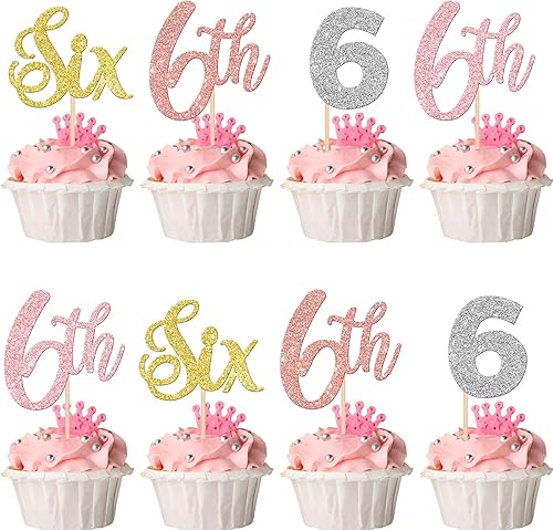 24 piezas de decoración de seis cupcakes con purpurina para 6 cumpleaños, número 6, decoración de seis pasteles para baby shower, niños, suministros